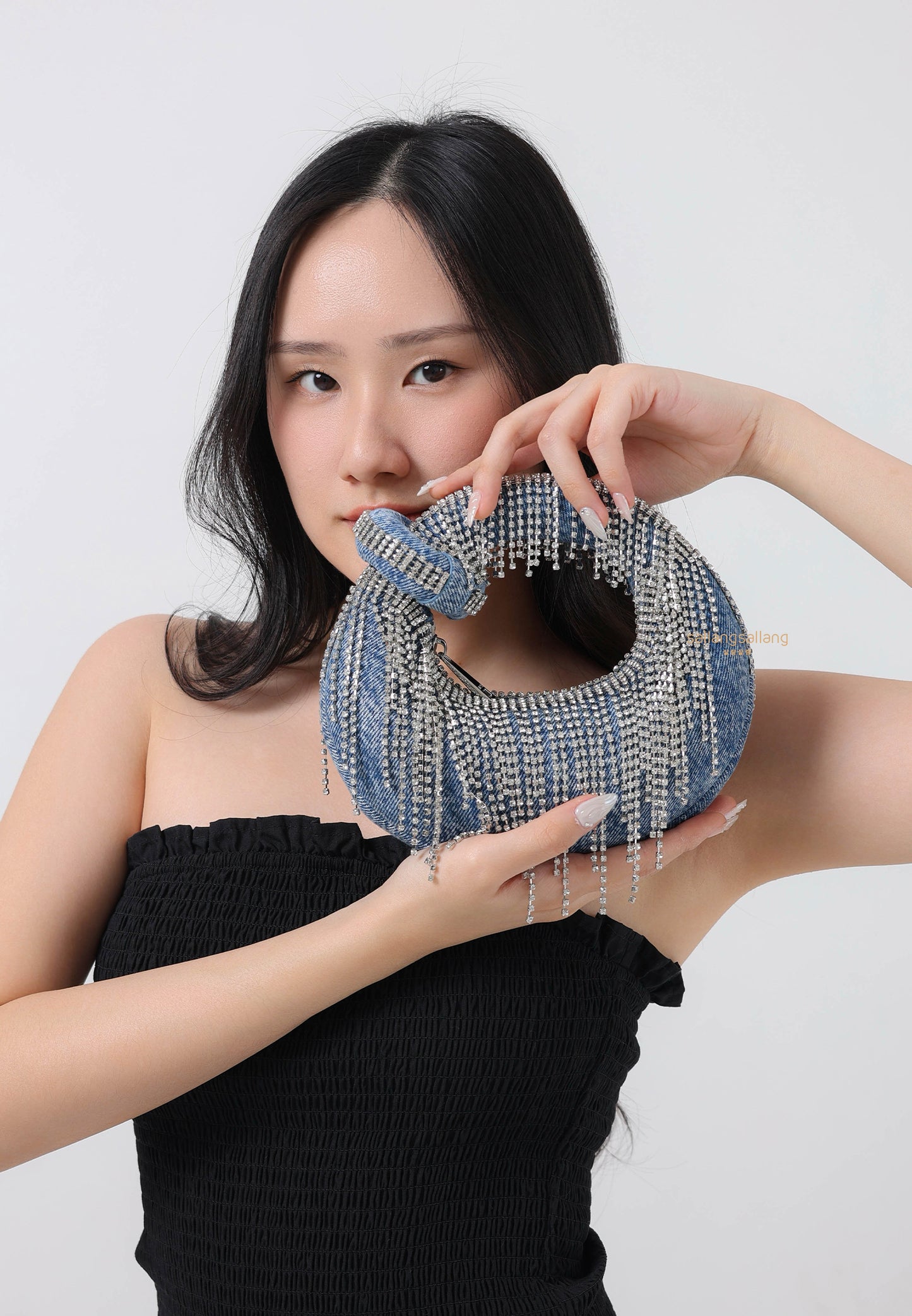 Abacus Denim Artificial Crystal Mini Top Handle Bag - Blue