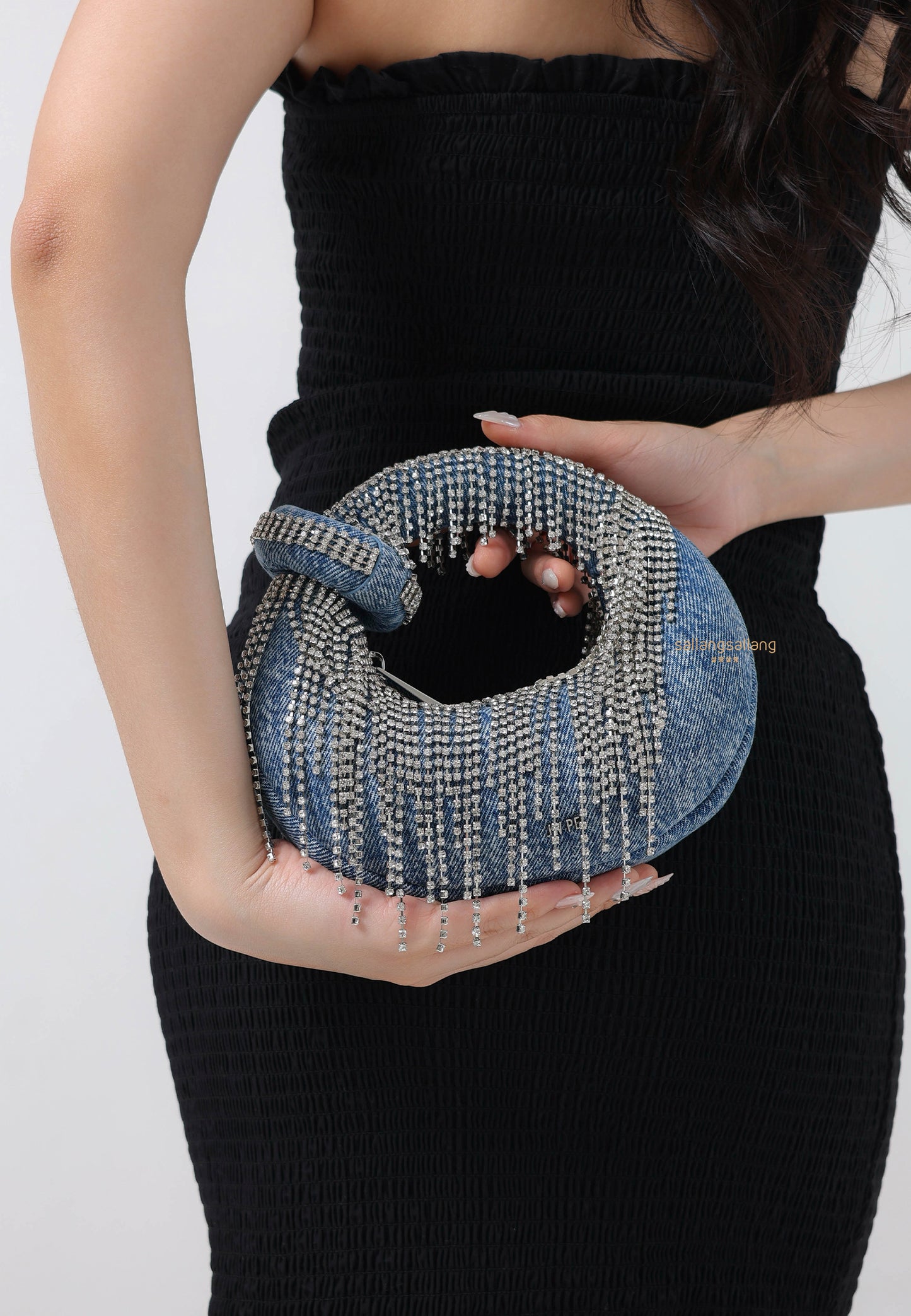 Abacus Denim Artificial Crystal Mini Top Handle Bag - Blue
