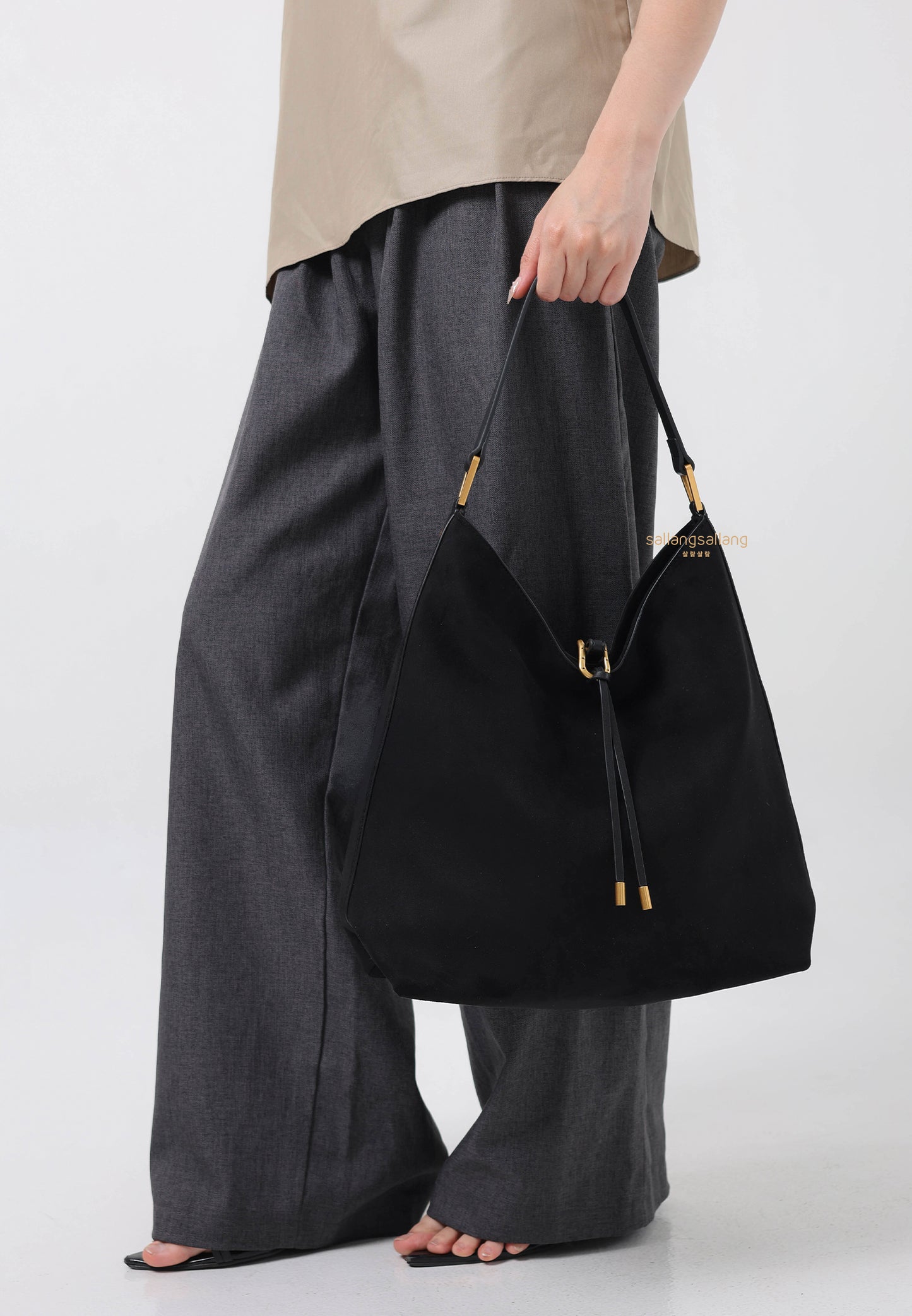 Aria Faux Suede Shoulder Bag - Black