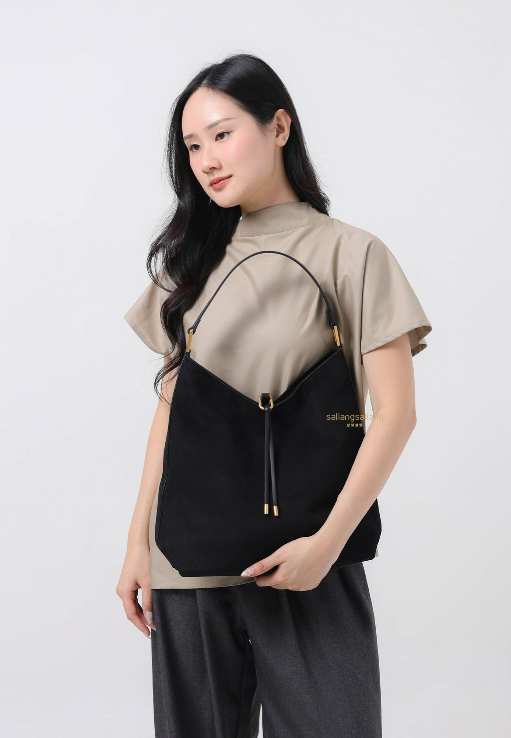 Aria Faux Suede Shoulder Bag - Black