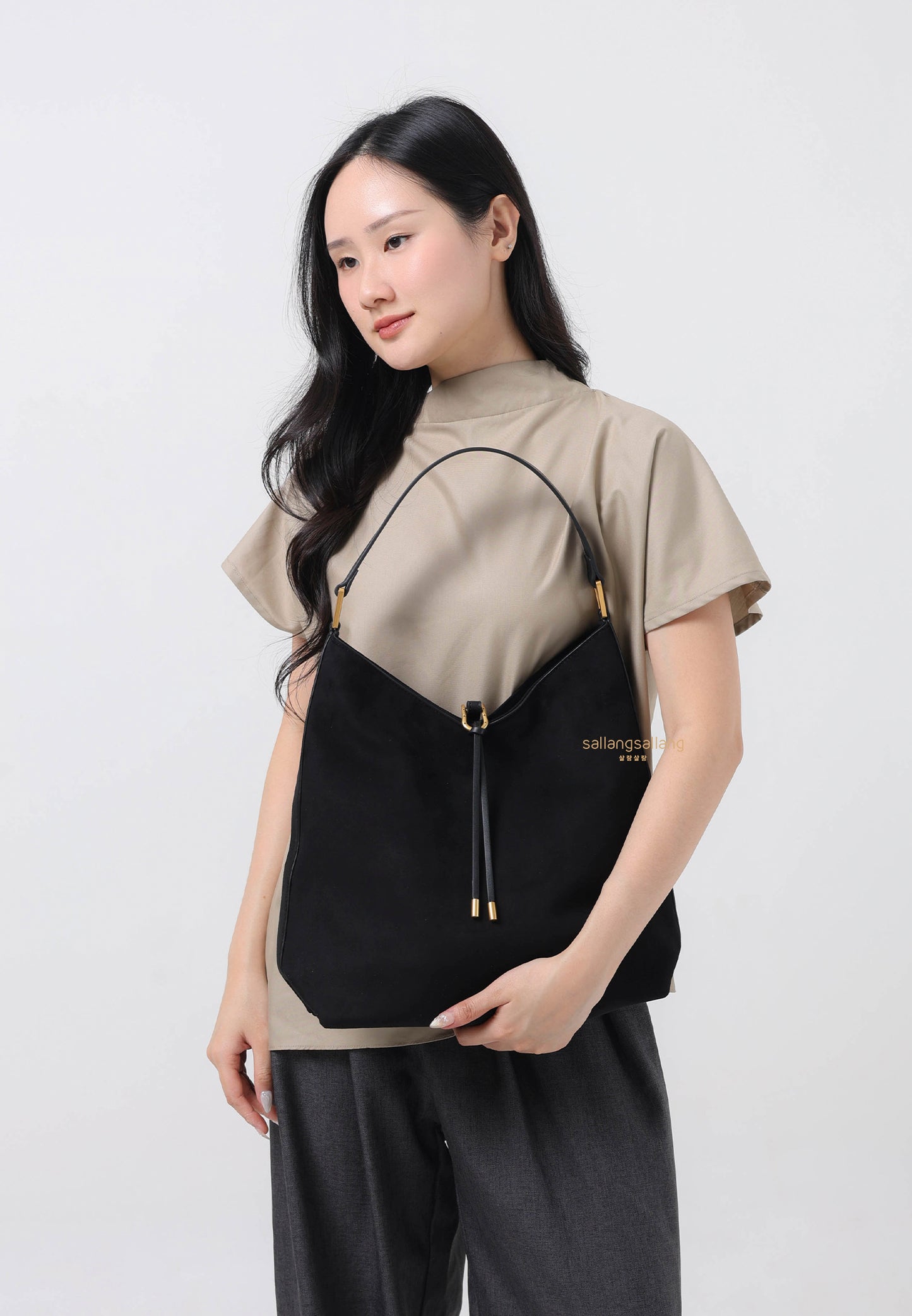 Aria Faux Suede Shoulder Bag - Black