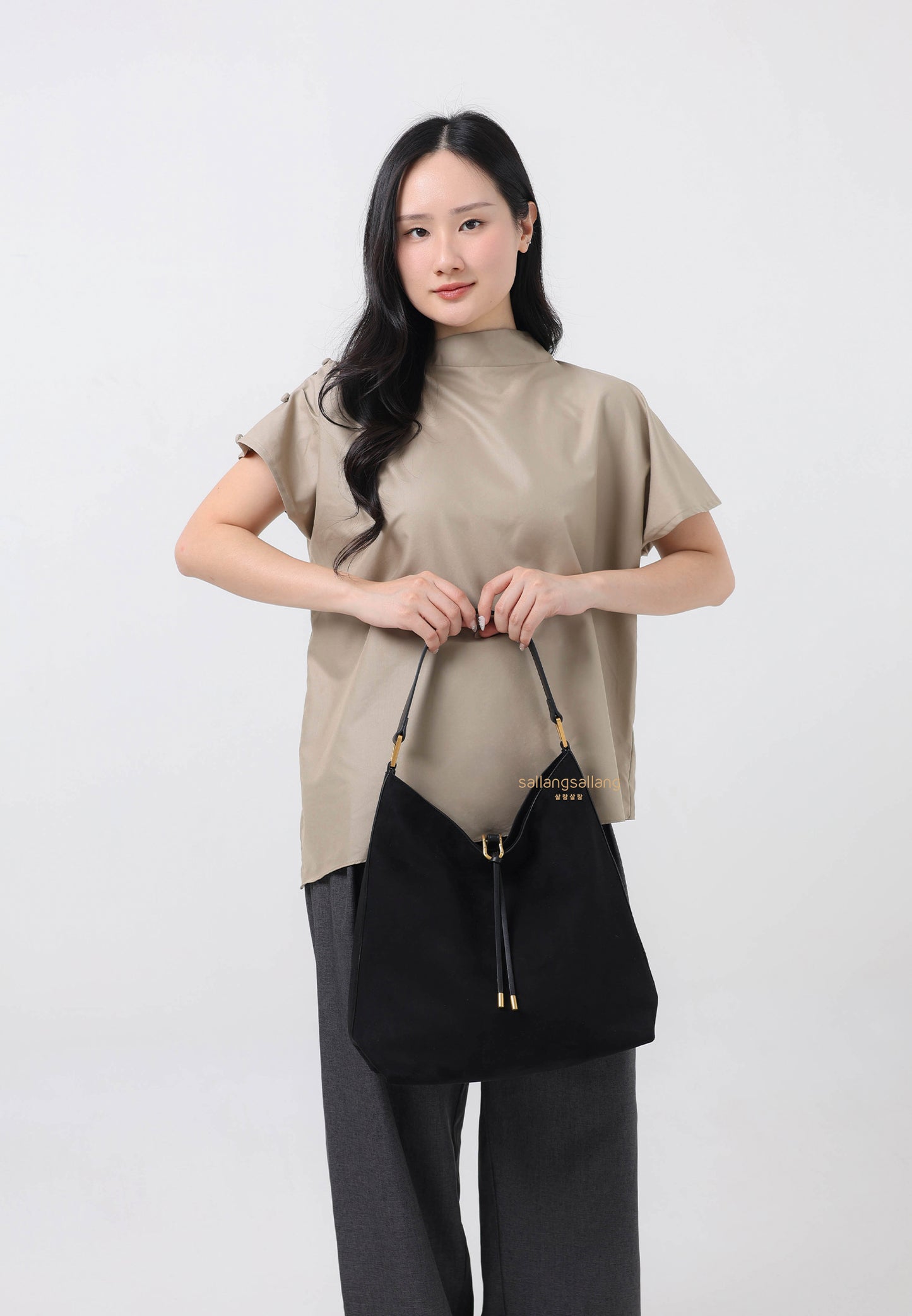 Aria Faux Suede Shoulder Bag - Black