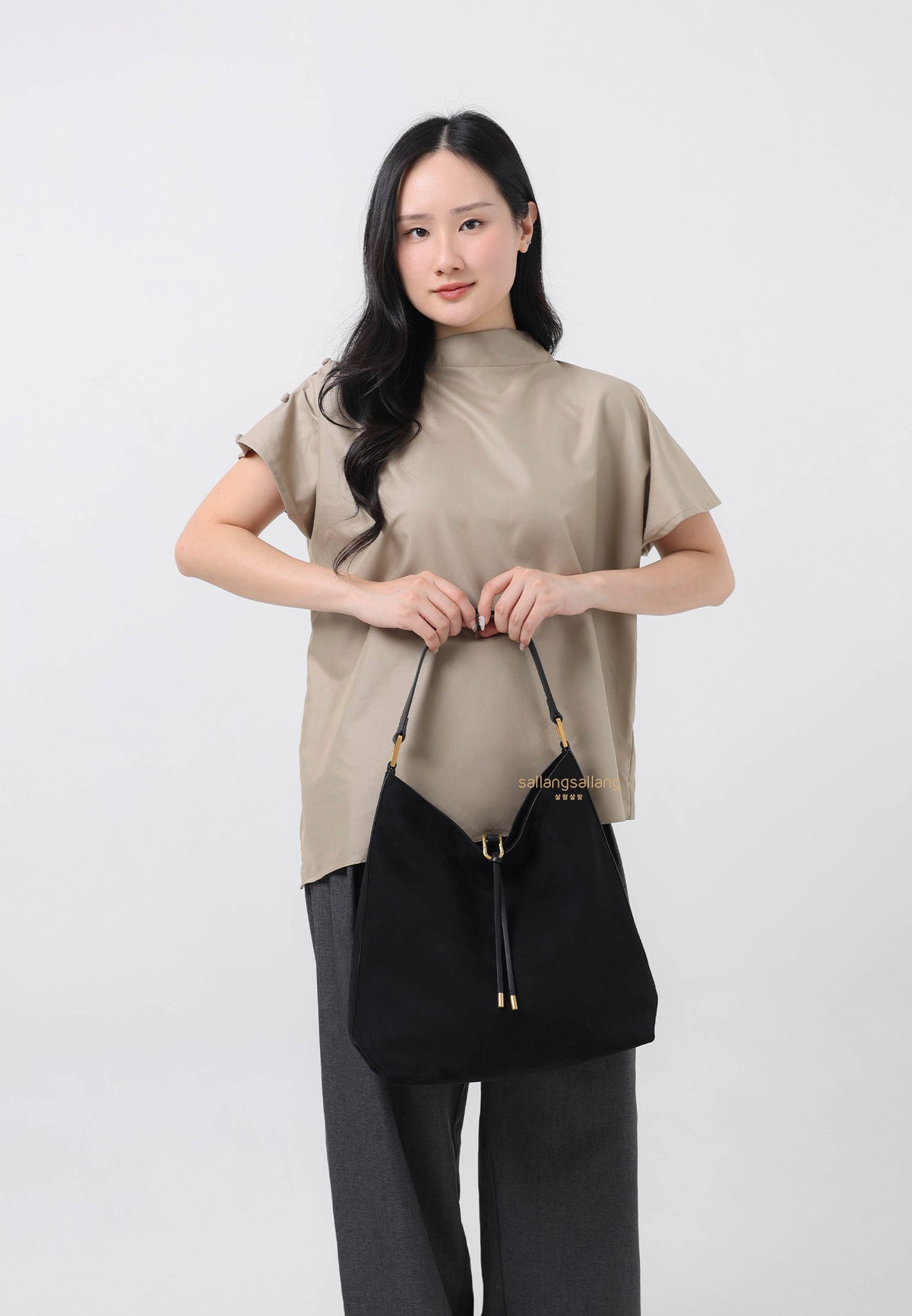 Aria Faux Suede Shoulder Bag - Black
