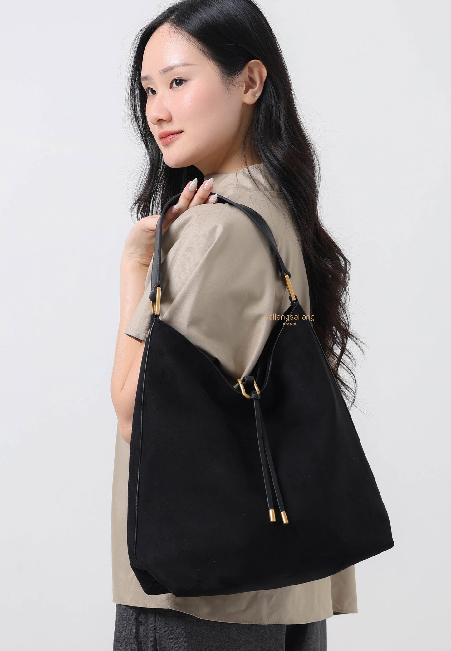 Aria Faux Suede Shoulder Bag - Black