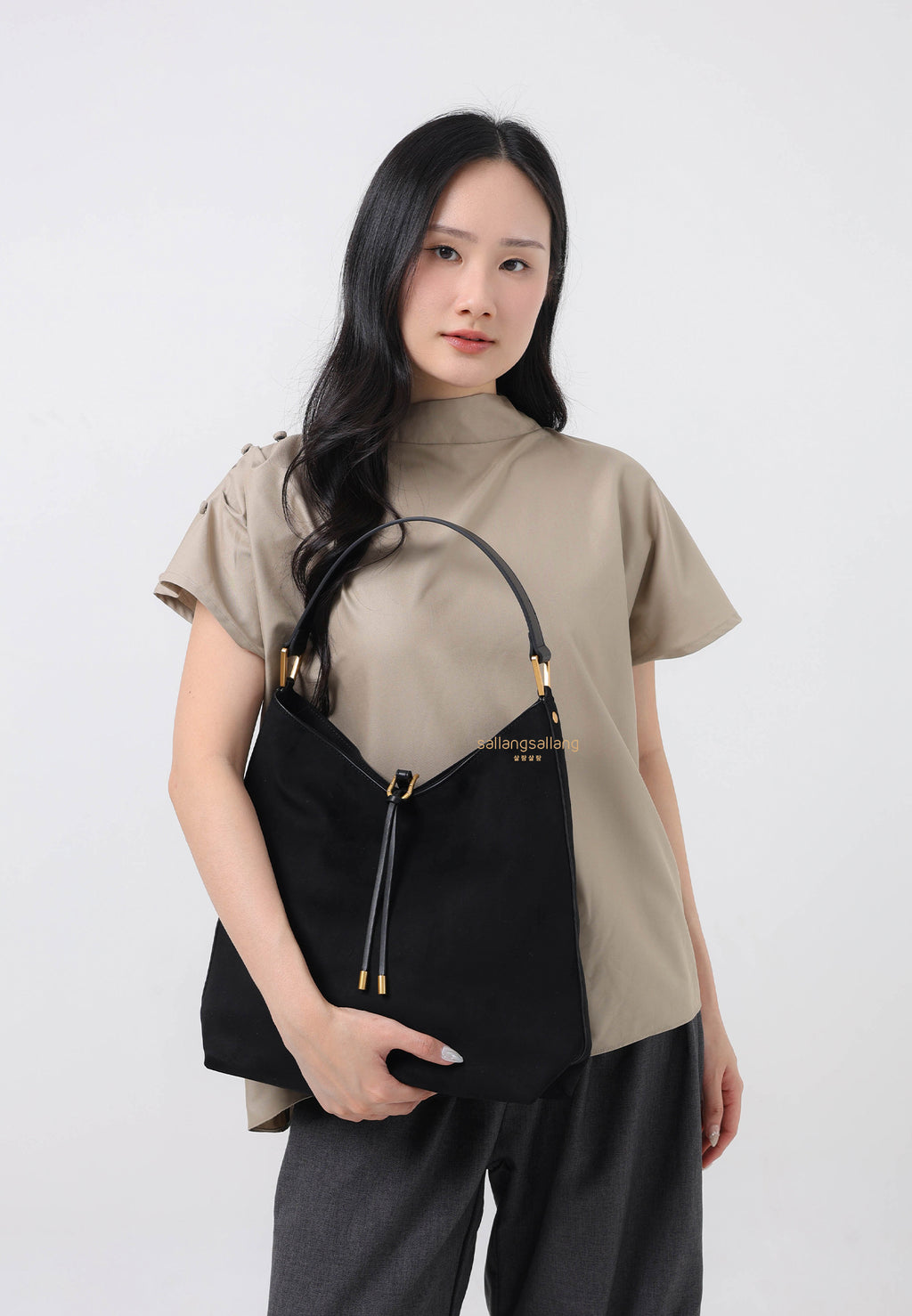 Aria Faux Suede Shoulder Bag - Black