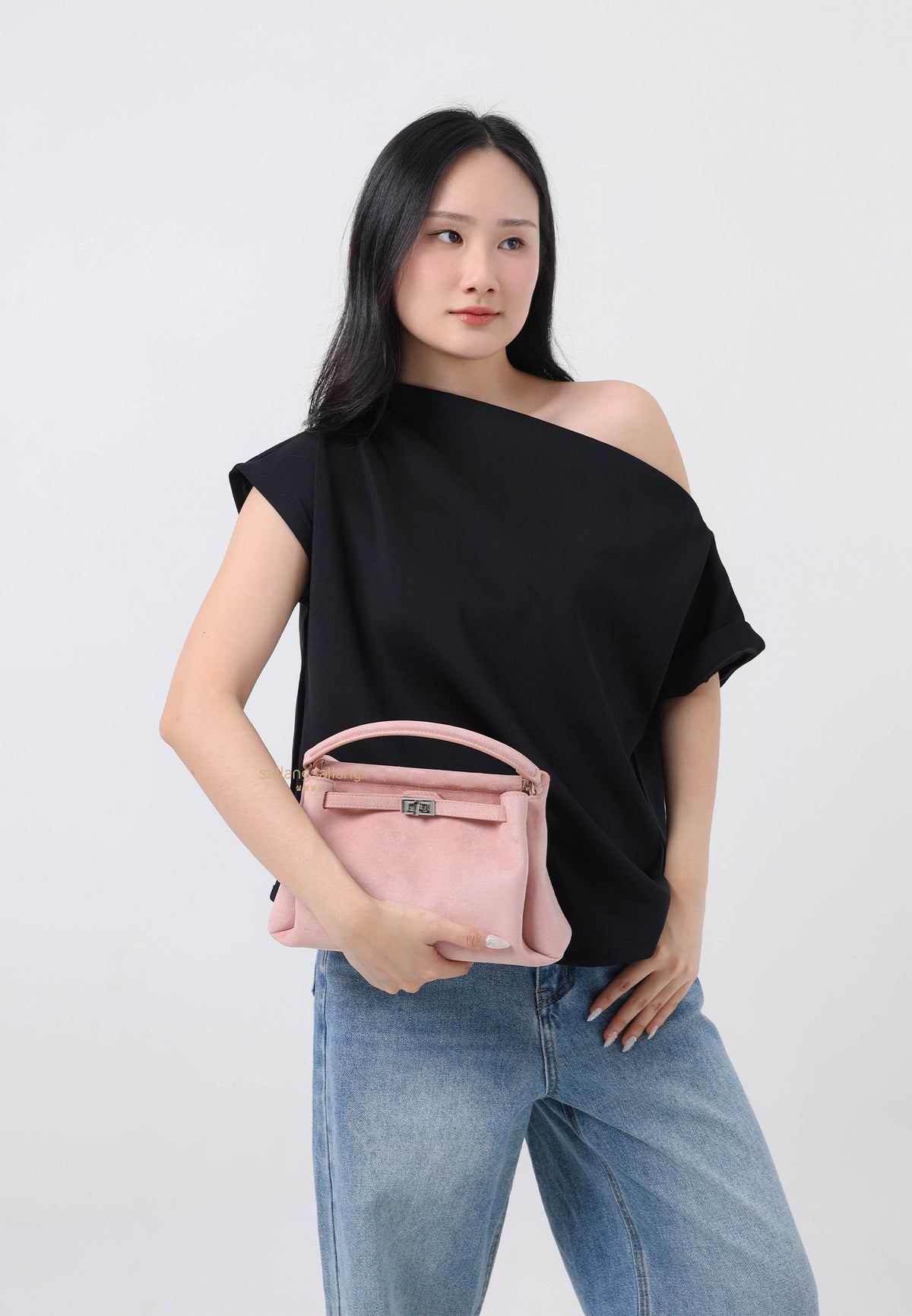 Carmen Faux Suede Top Handle Bag - Gray Pink