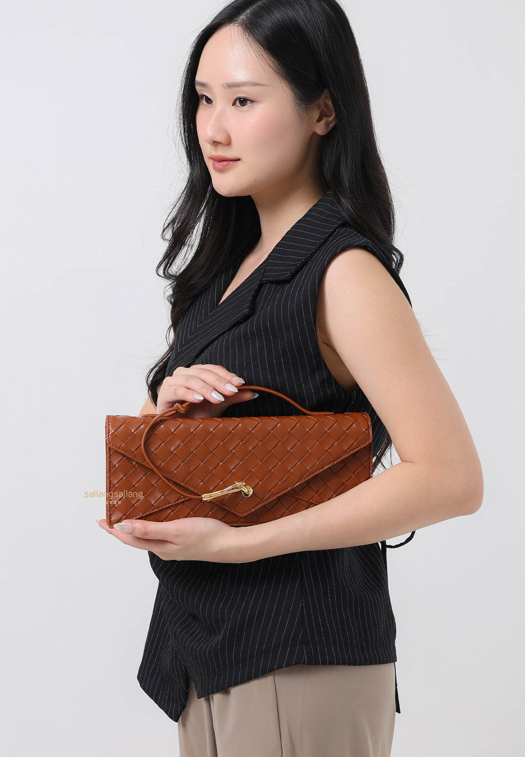 Celeste Woven Textured Envelope Top Handle Bag - Brown