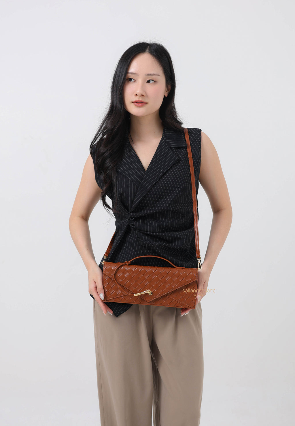 Celeste Woven Textured Envelope Top Handle Bag - Brown