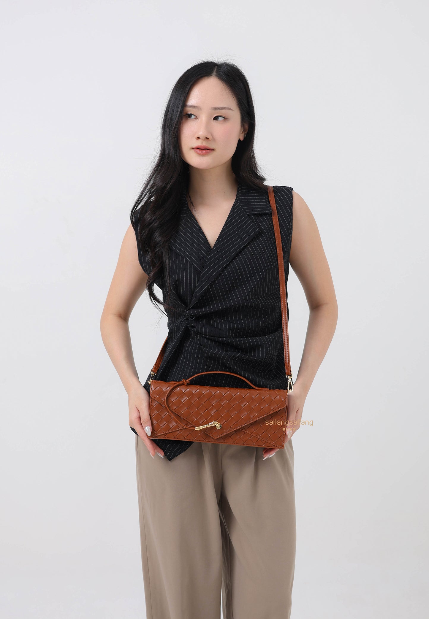 Celeste Woven Textured Envelope Top Handle Bag - Brown