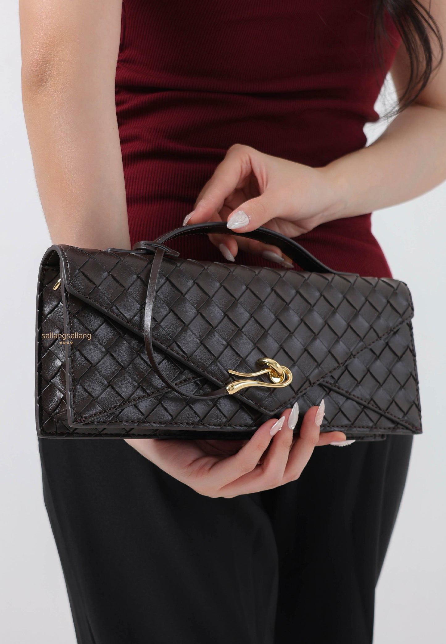 Celeste Woven Textured Envelope Top Handle Bag - Dark Brown