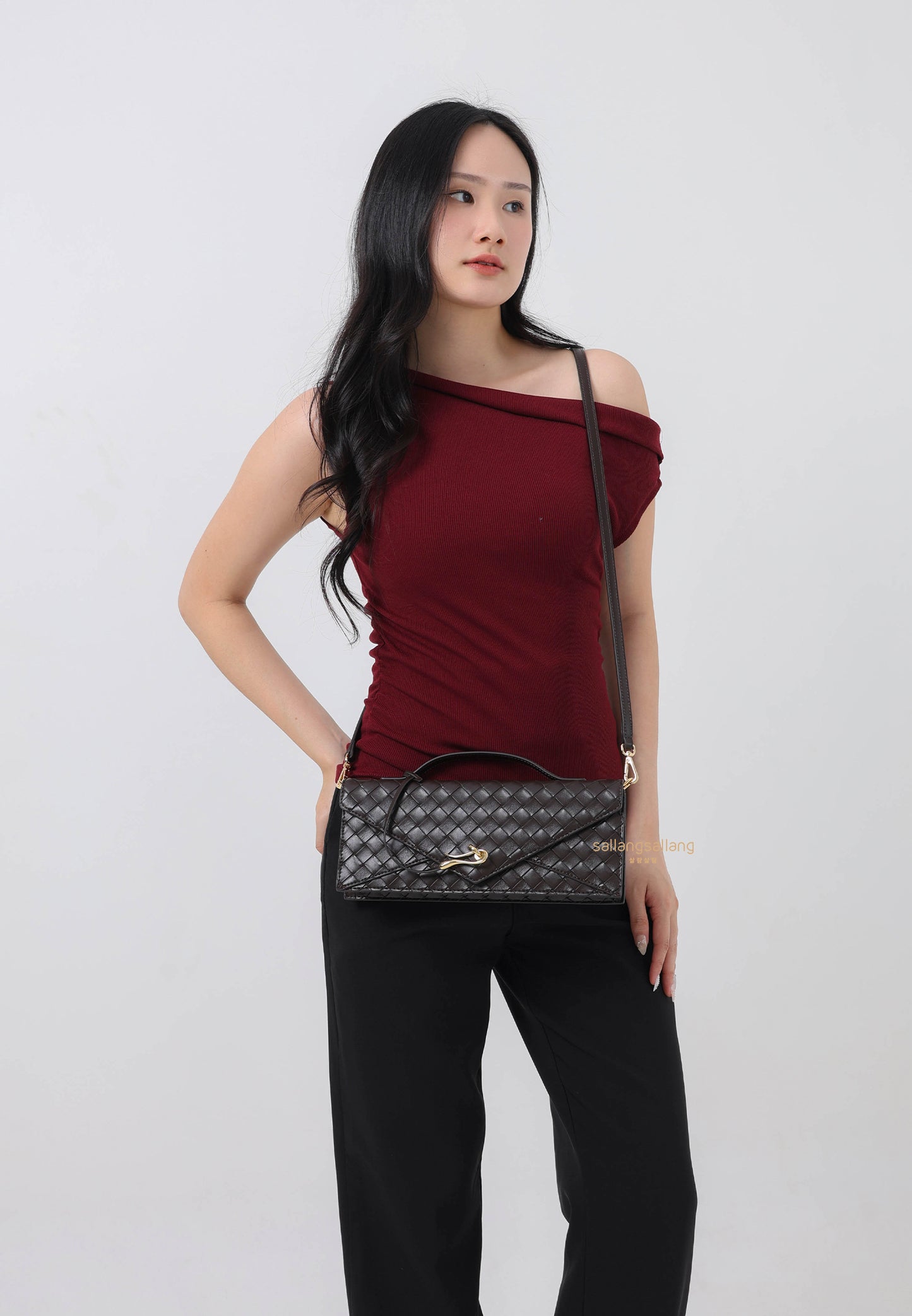 Celeste Woven Textured Envelope Top Handle Bag - Dark Brown