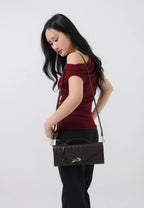 Celeste Woven Textured Envelope Top Handle Bag - Dark Brown