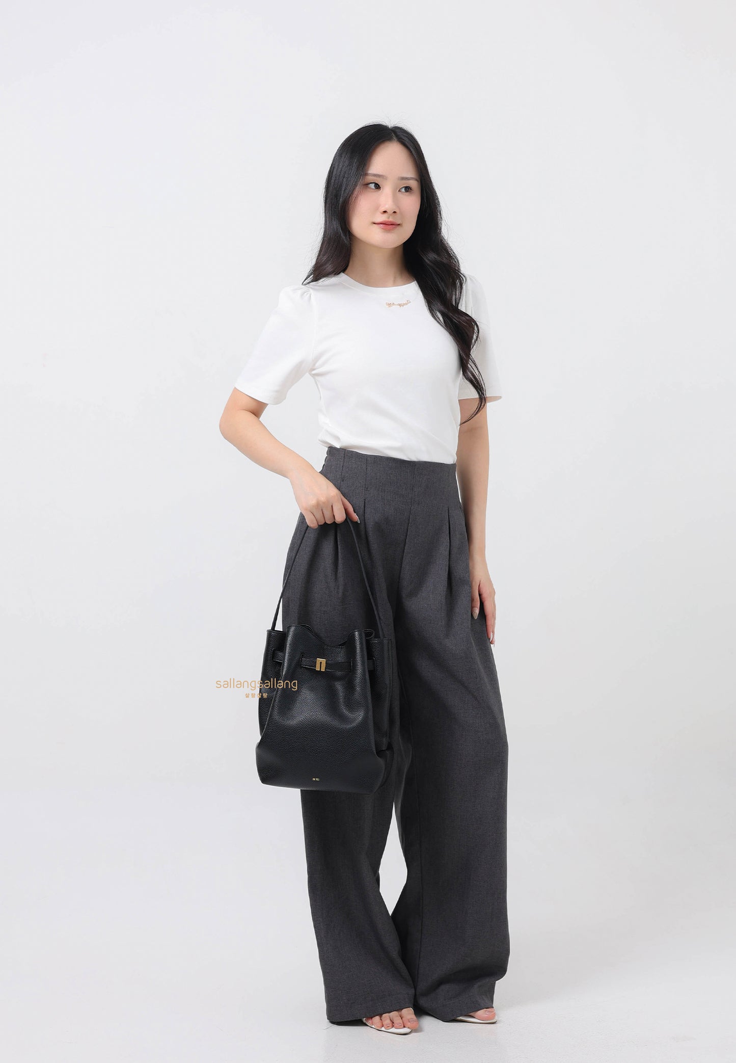 Clara Lock Accent Bucket Shoulder Bag - Black