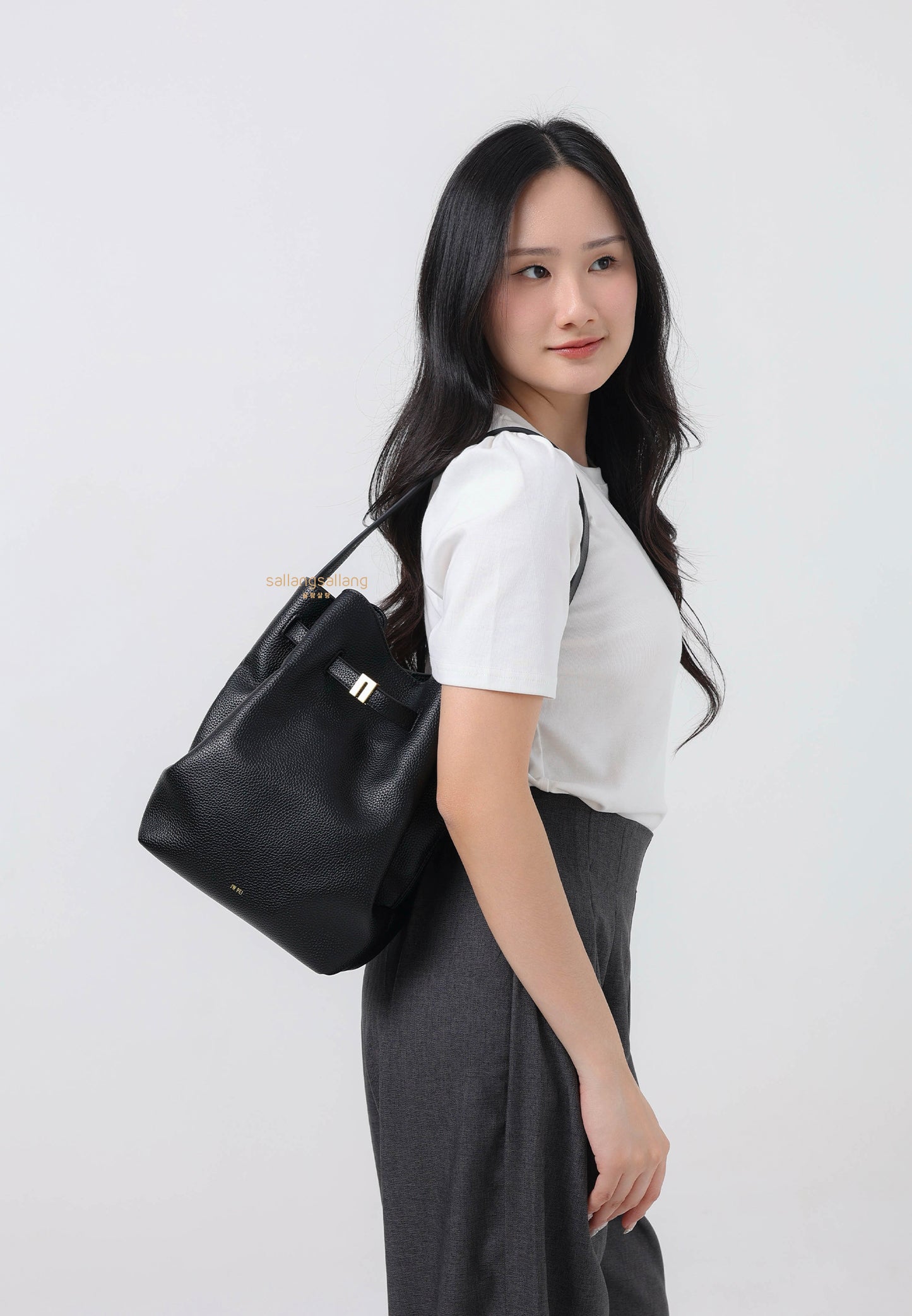 Clara Lock Accent Bucket Shoulder Bag - Black