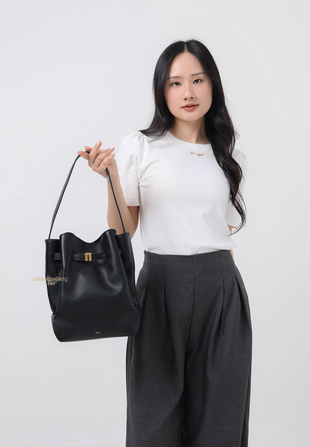 Clara Lock Accent Bucket Shoulder Bag - Black