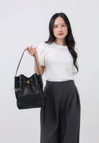Clara Lock Accent Bucket Shoulder Bag - Black