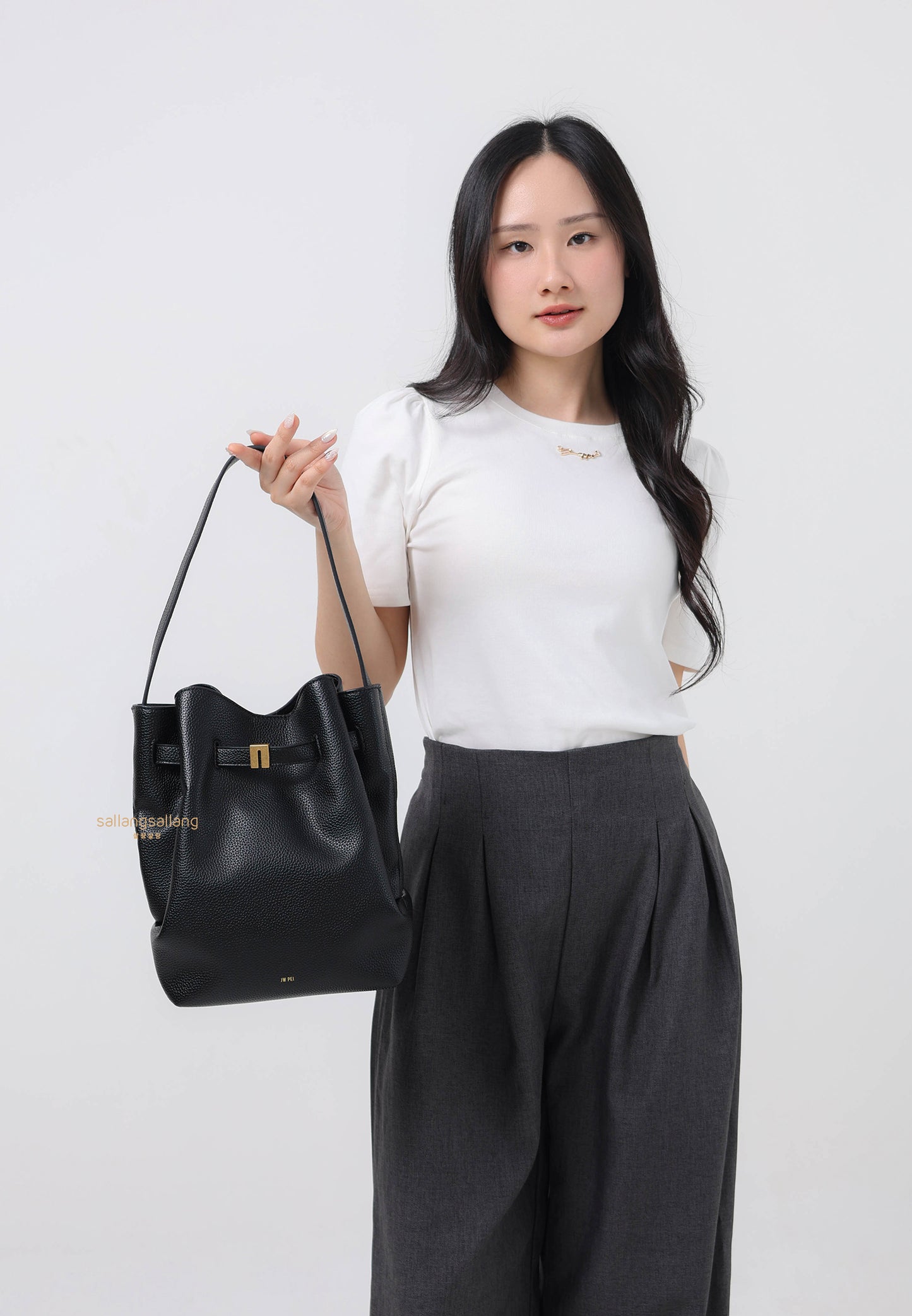Clara Lock Accent Bucket Shoulder Bag - Black