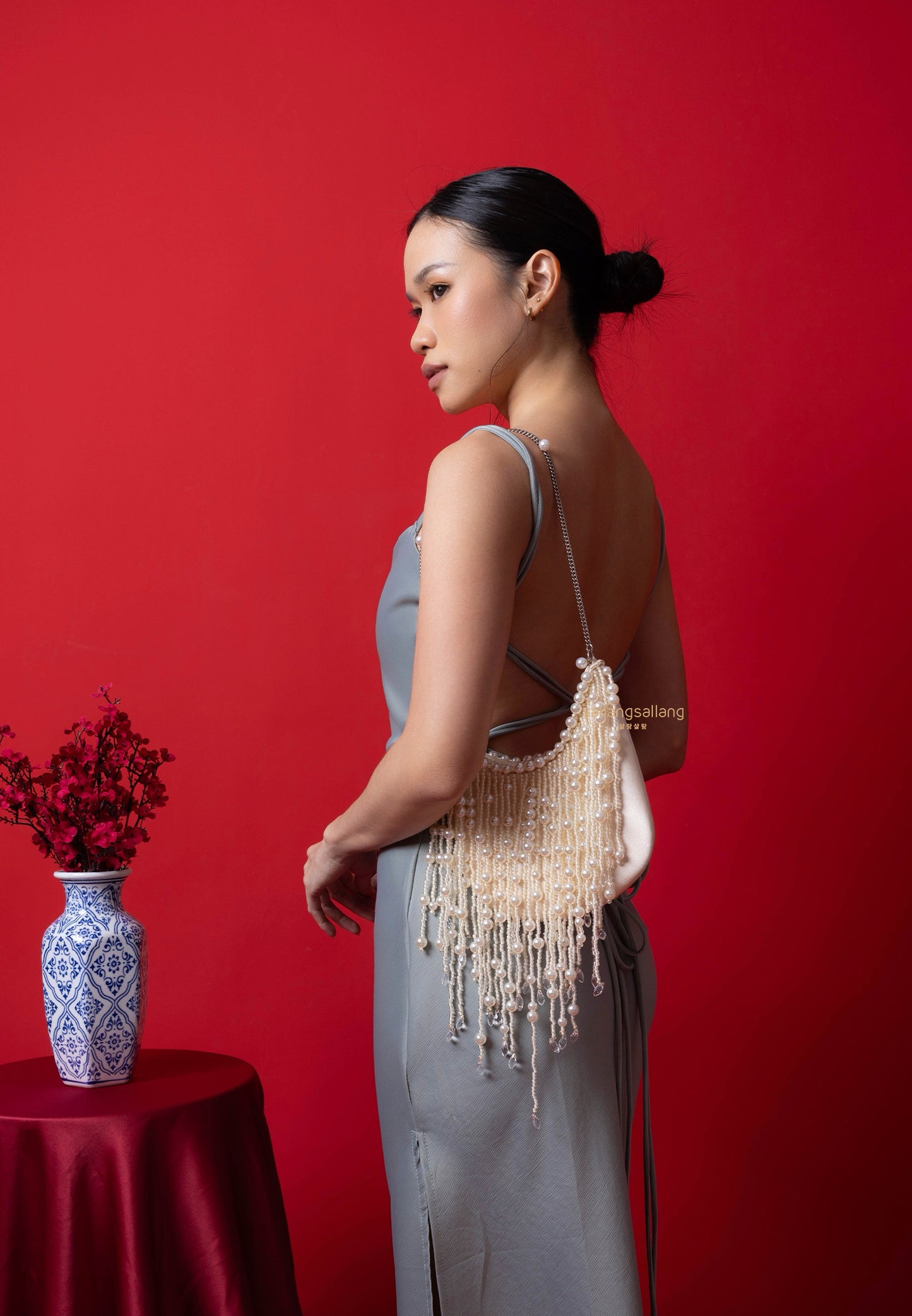 Elaine Pearl Embellished Fringe Bag - White