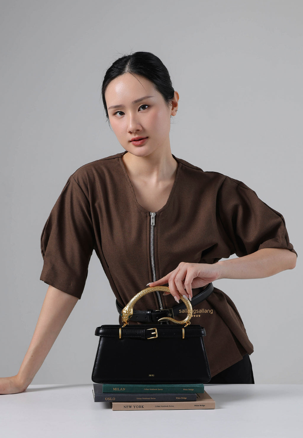 Elena Snake Handle Top Handle Bag - Black