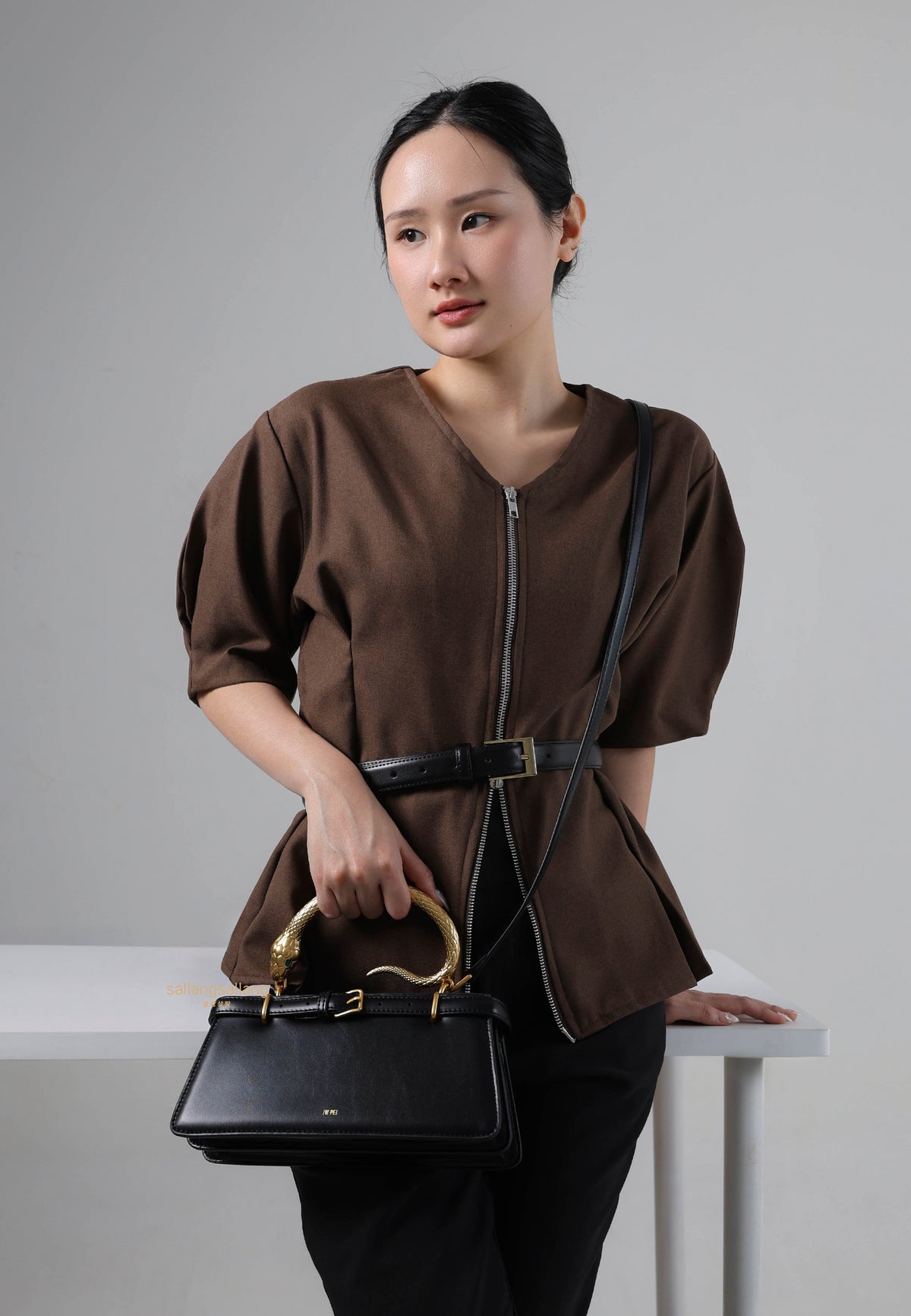 Elena Snake Handle Top Handle Bag - Black