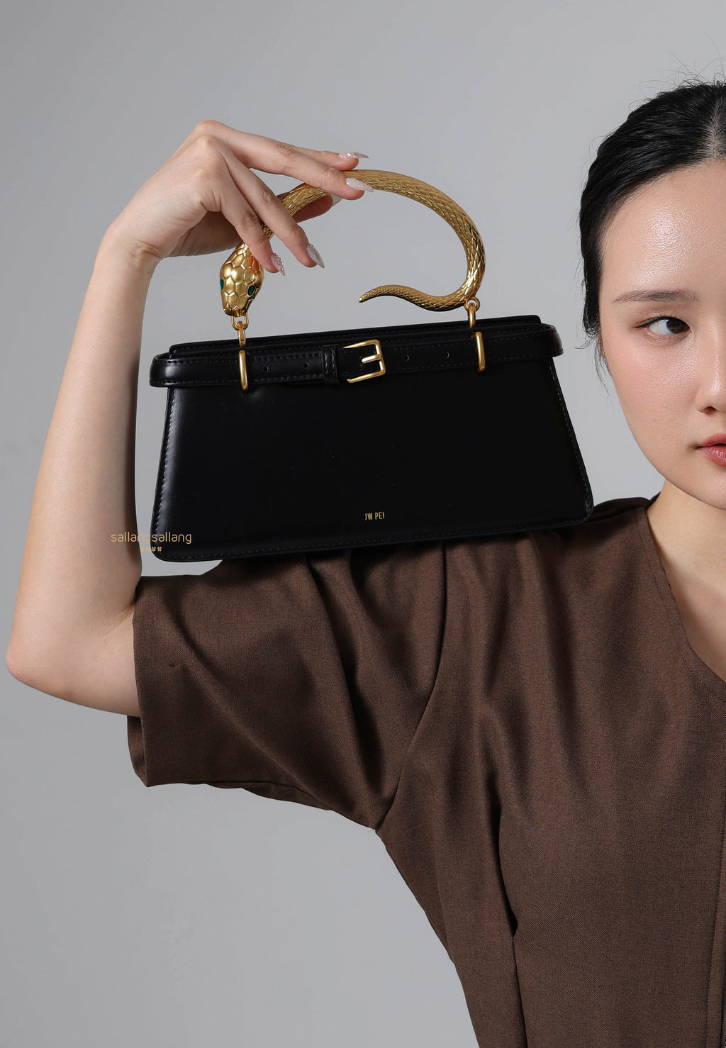 Elena Snake Handle Top Handle Bag - Black