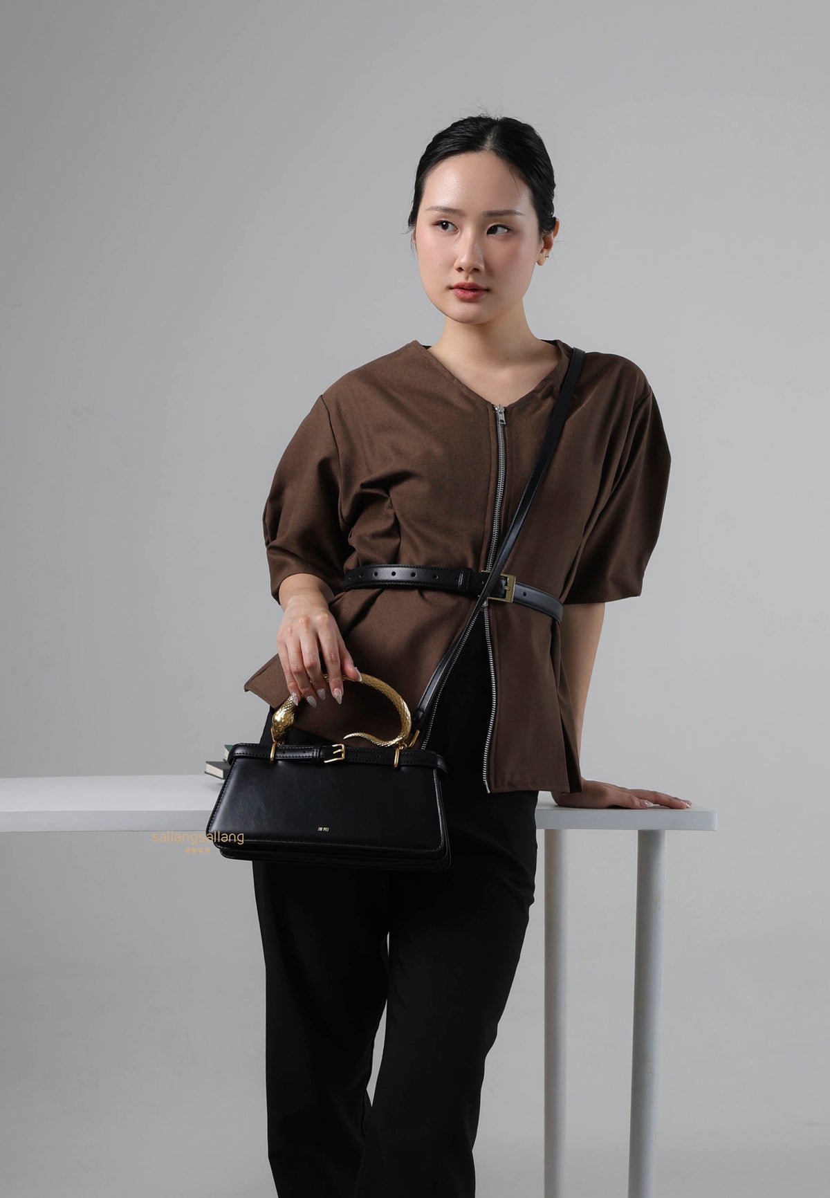 Elena Snake Handle Top Handle Bag - Black