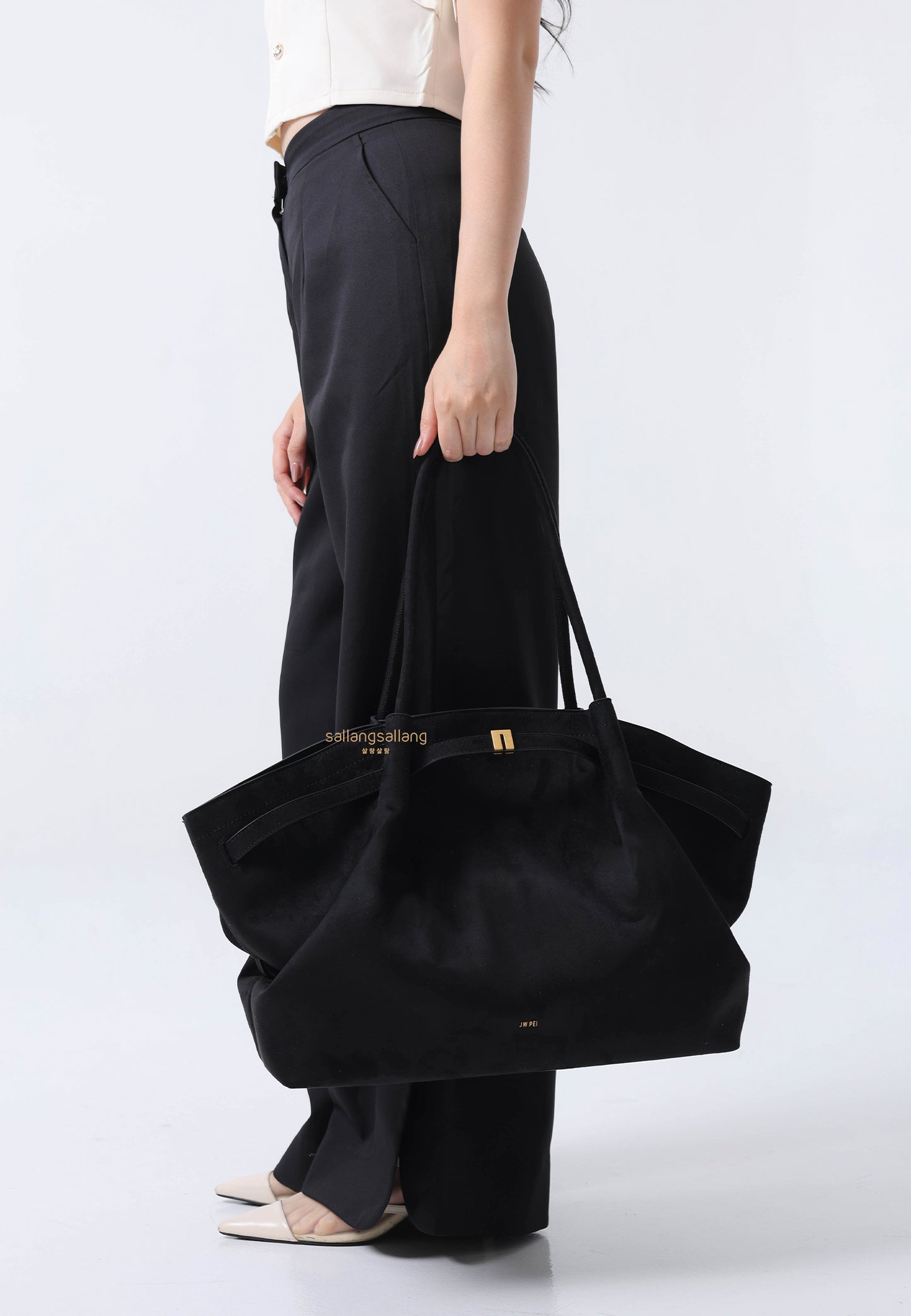 Hana Large Faux Suede Tote Bag - Black