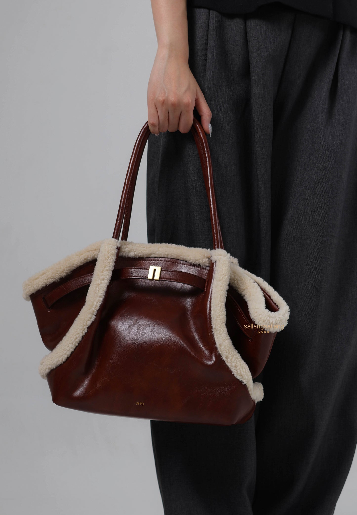 Hana Medium Faux Shearling Trim Tote Bag - Brown