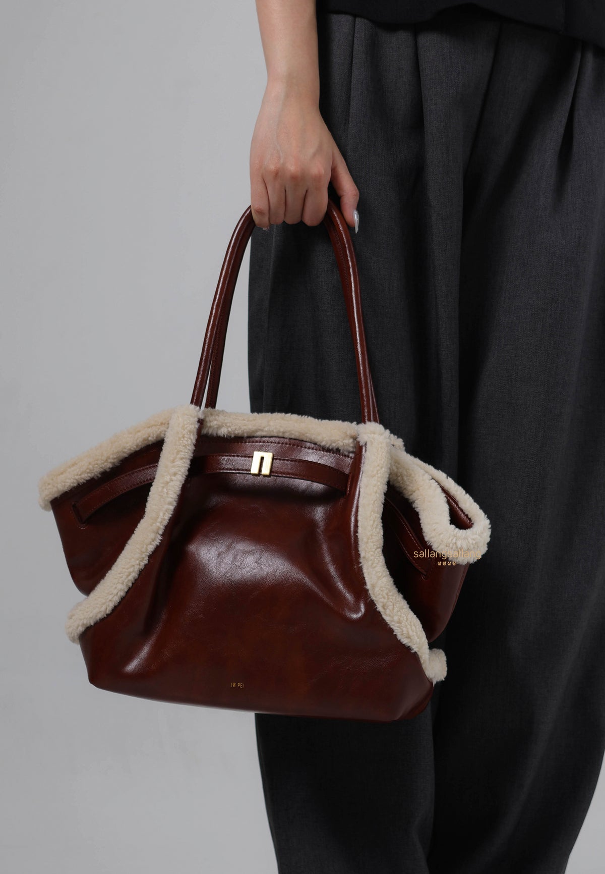 Hana Medium Faux Shearling Trim Tote Bag - Brown