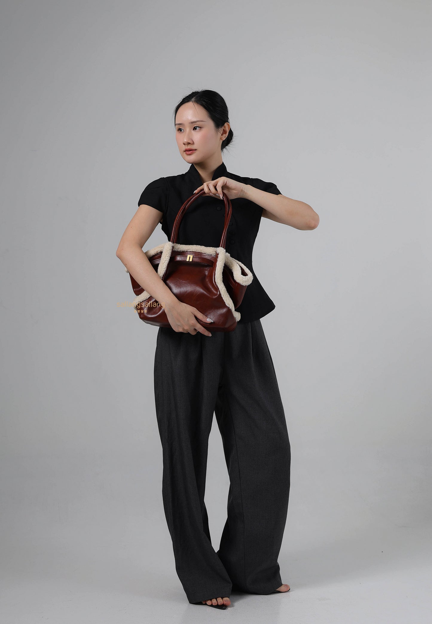 Hana Medium Faux Shearling Trim Tote Bag - Brown