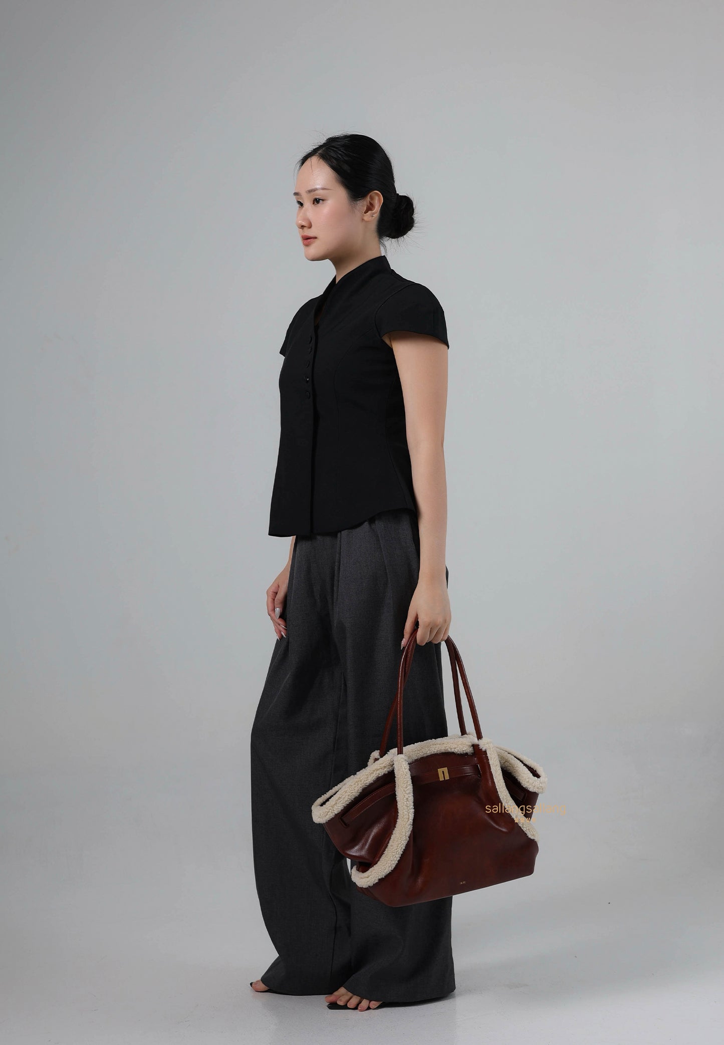 Hana Medium Faux Shearling Trim Tote Bag - Brown