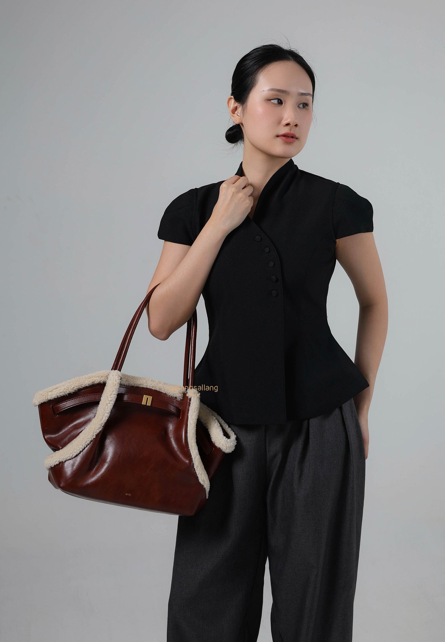 Hana Medium Faux Shearling Trim Tote Bag - Brown