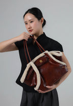 Hana Medium Faux Shearling Trim Tote Bag - Brown