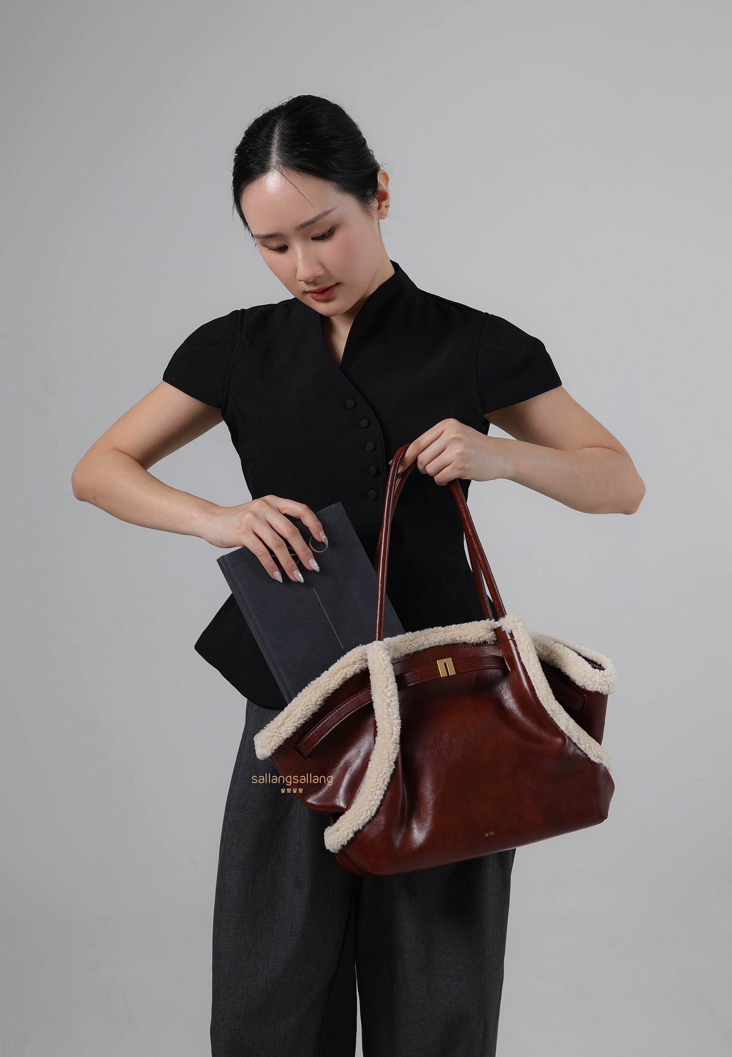 Hana Medium Faux Shearling Trim Tote Bag - Brown