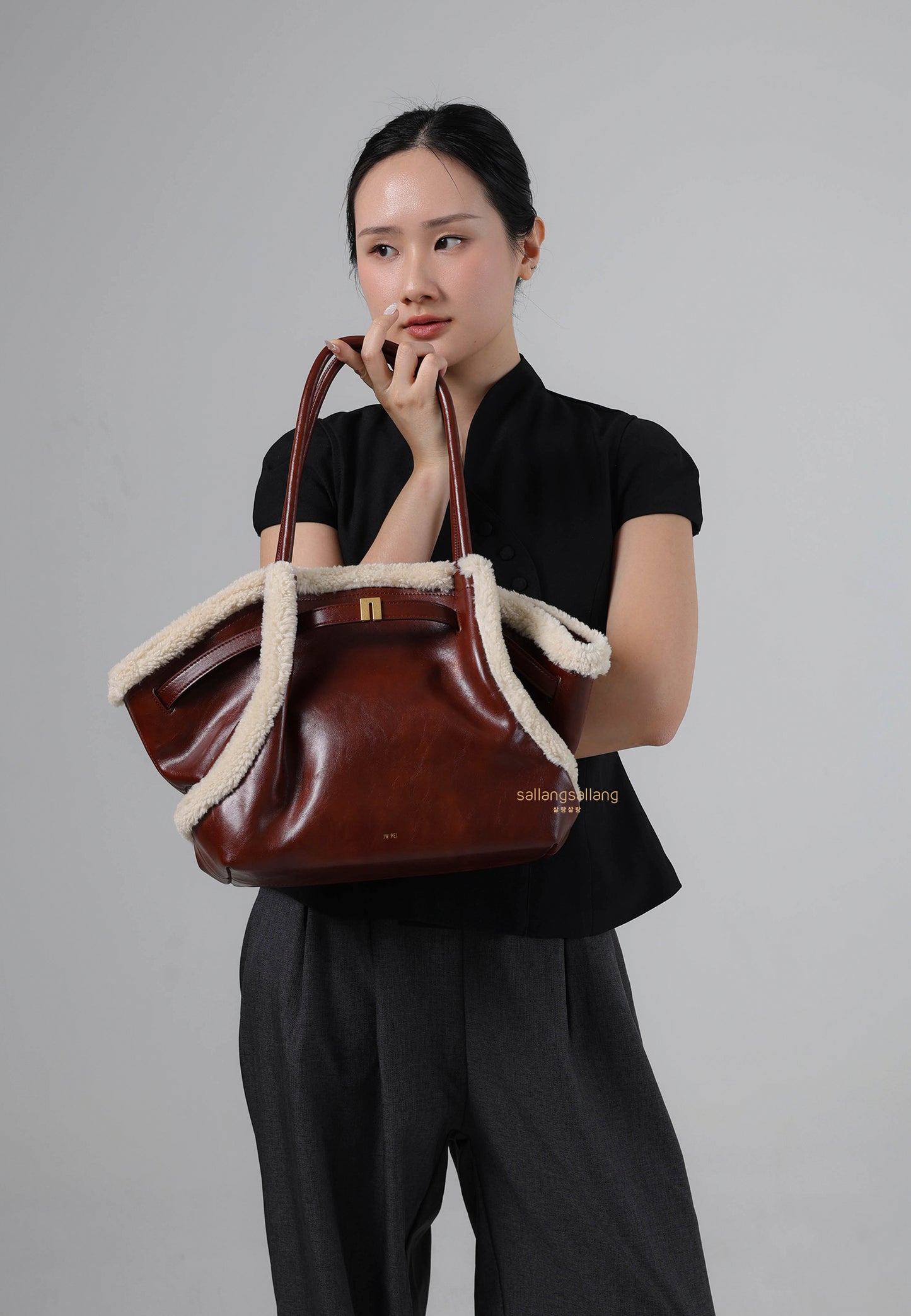 Hana Medium Faux Shearling Trim Tote Bag - Brown