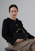 Maya Leopard-shaped Hardware Handle Top Handle Bag - Black Croc