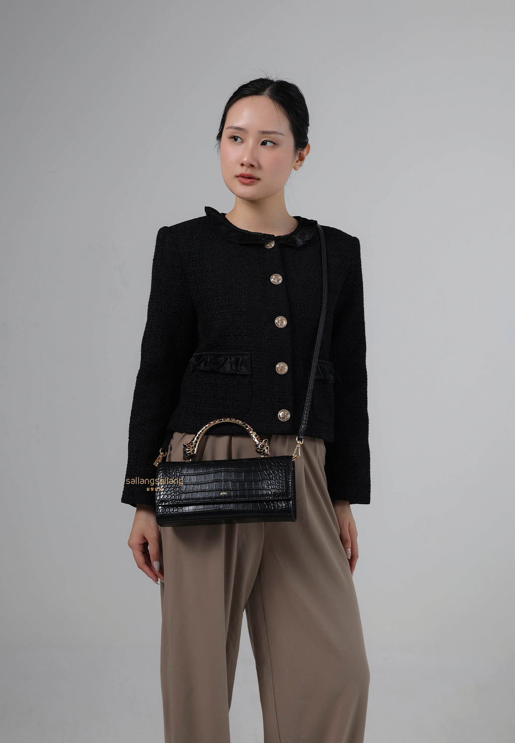 Maya Leopard-shaped Hardware Handle Top Handle Bag - Black Croc