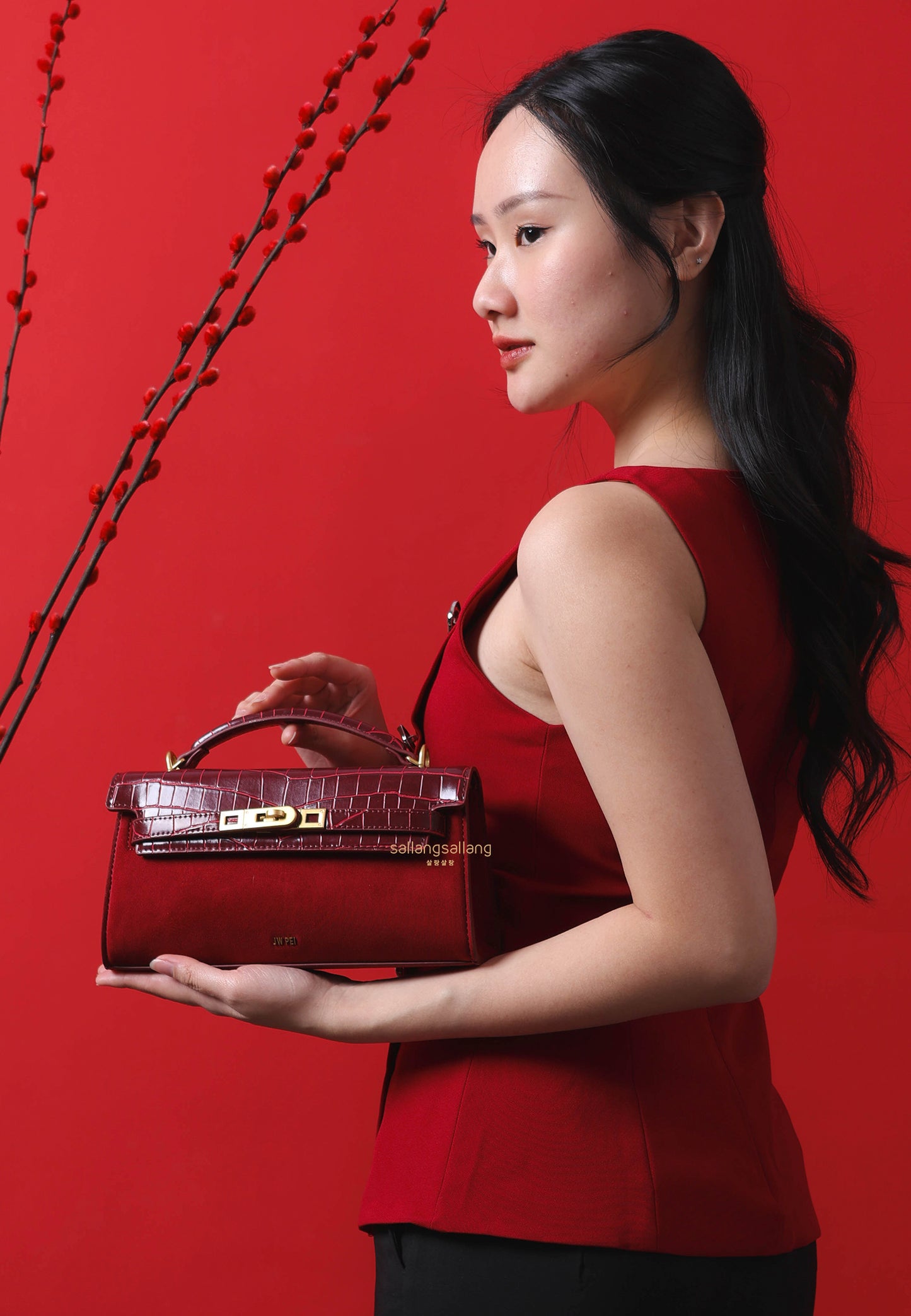 Noor Faux Suede Top Handle Bag - Red