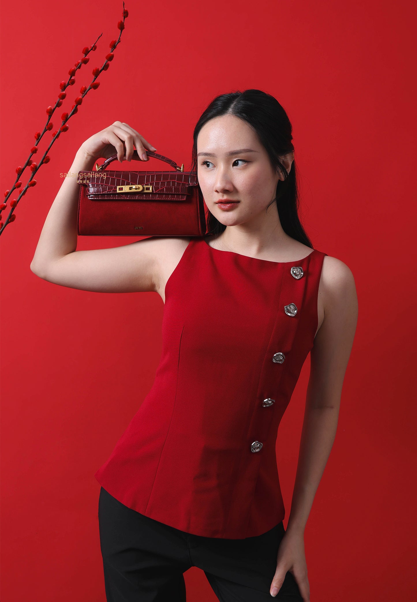 Noor Faux Suede Top Handle Bag - Red