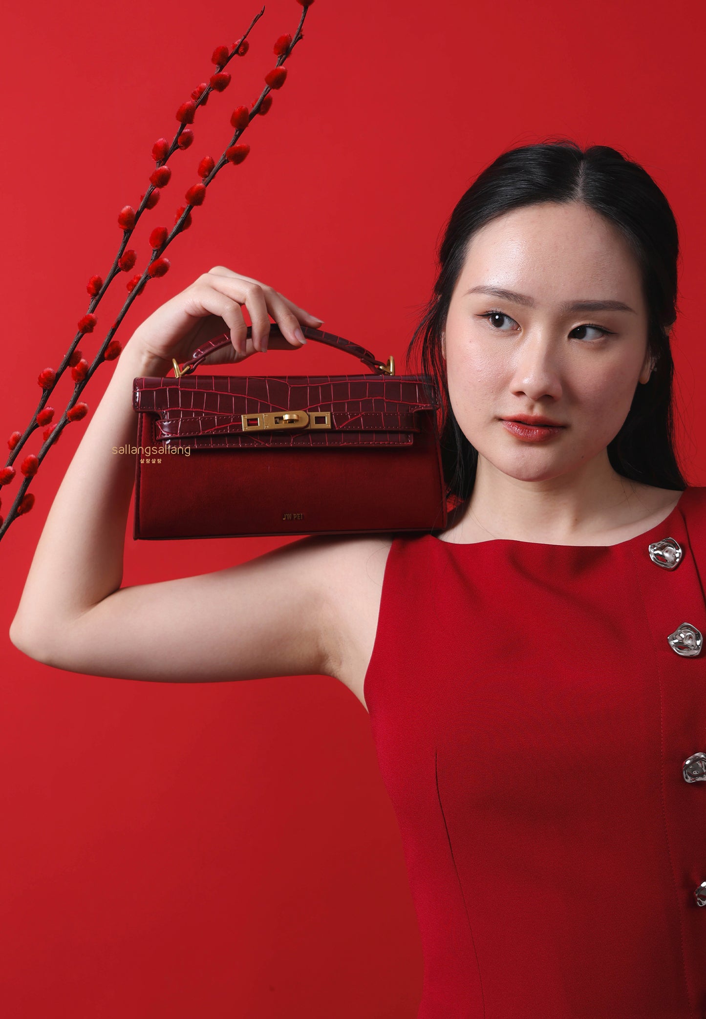 Noor Faux Suede Top Handle Bag - Red