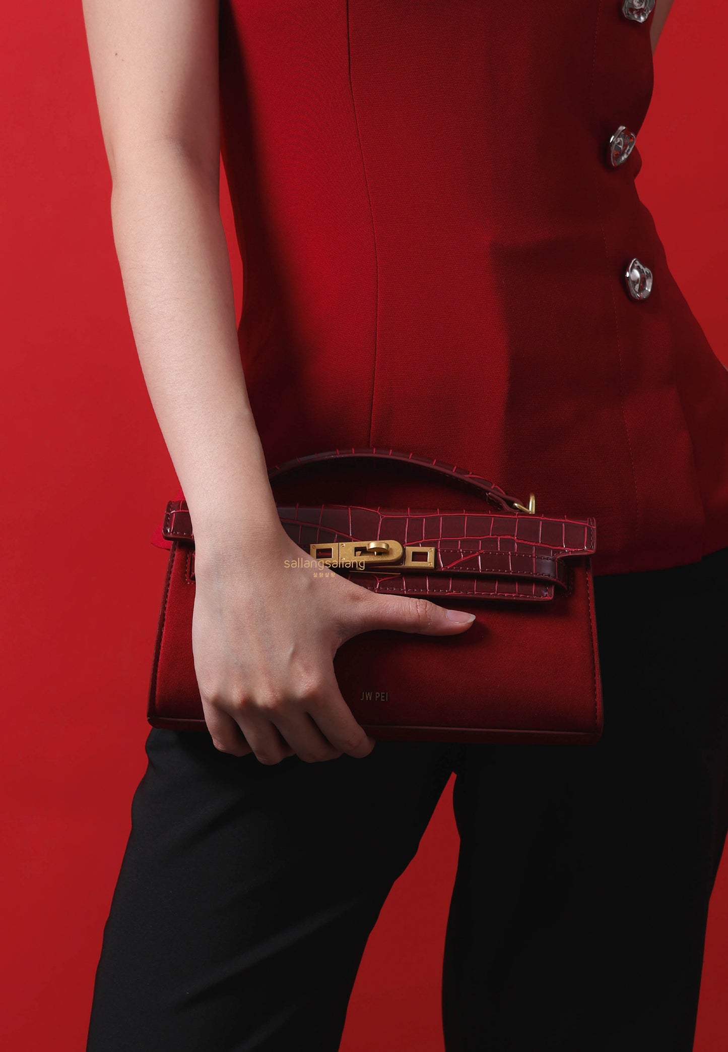 Noor Faux Suede Top Handle Bag - Red