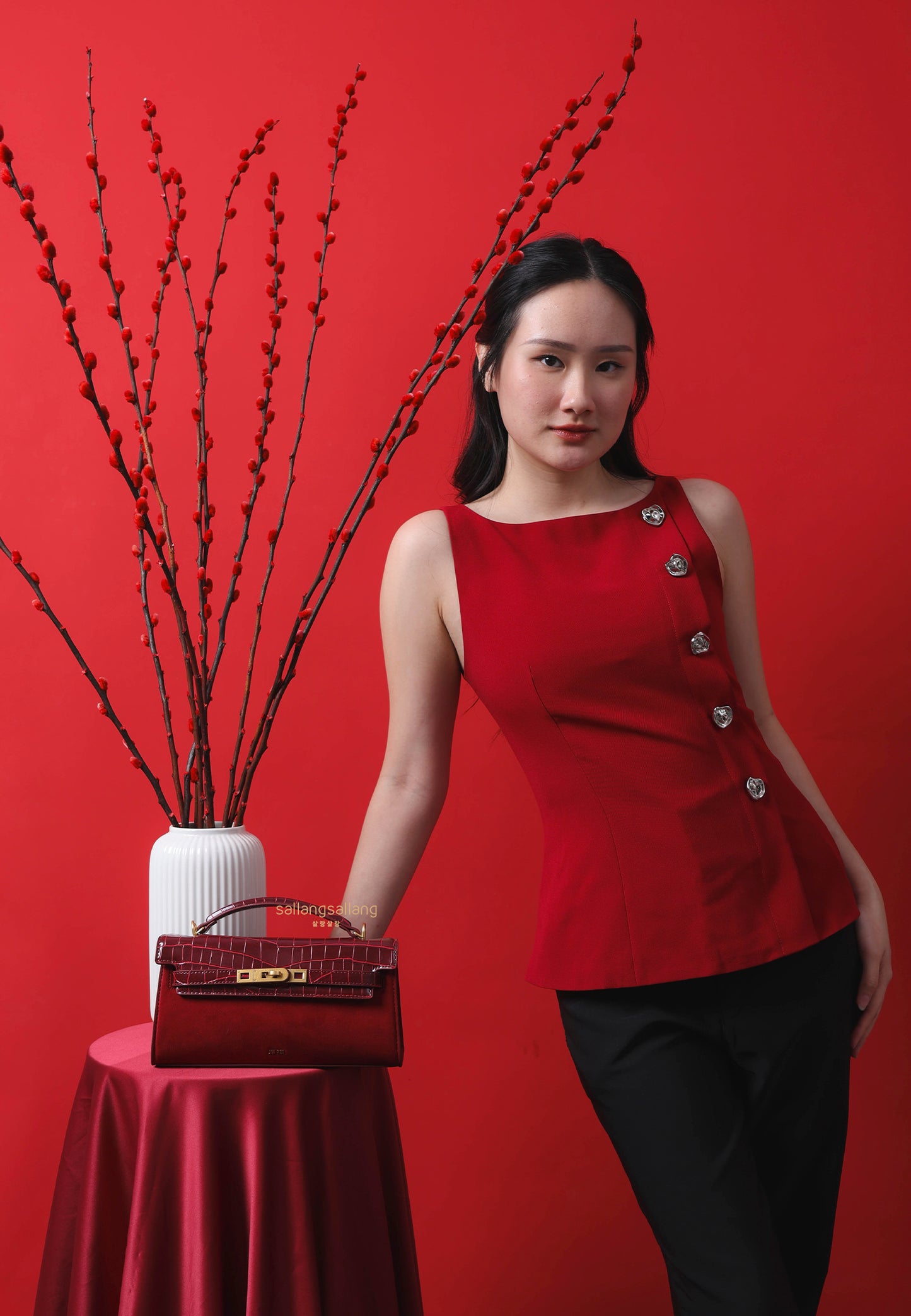 Noor Faux Suede Top Handle Bag - Red