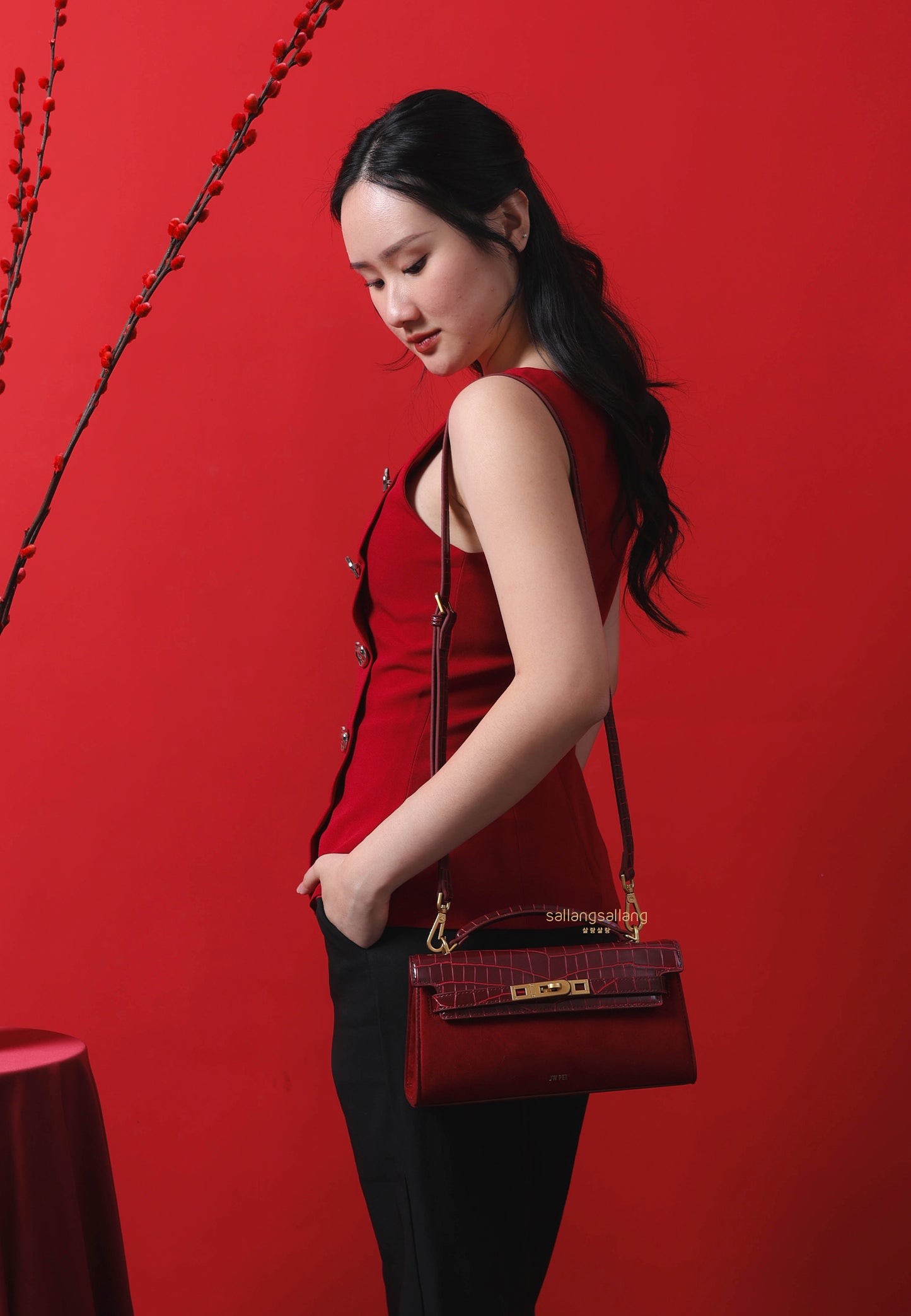 Noor Faux Suede Top Handle Bag - Red