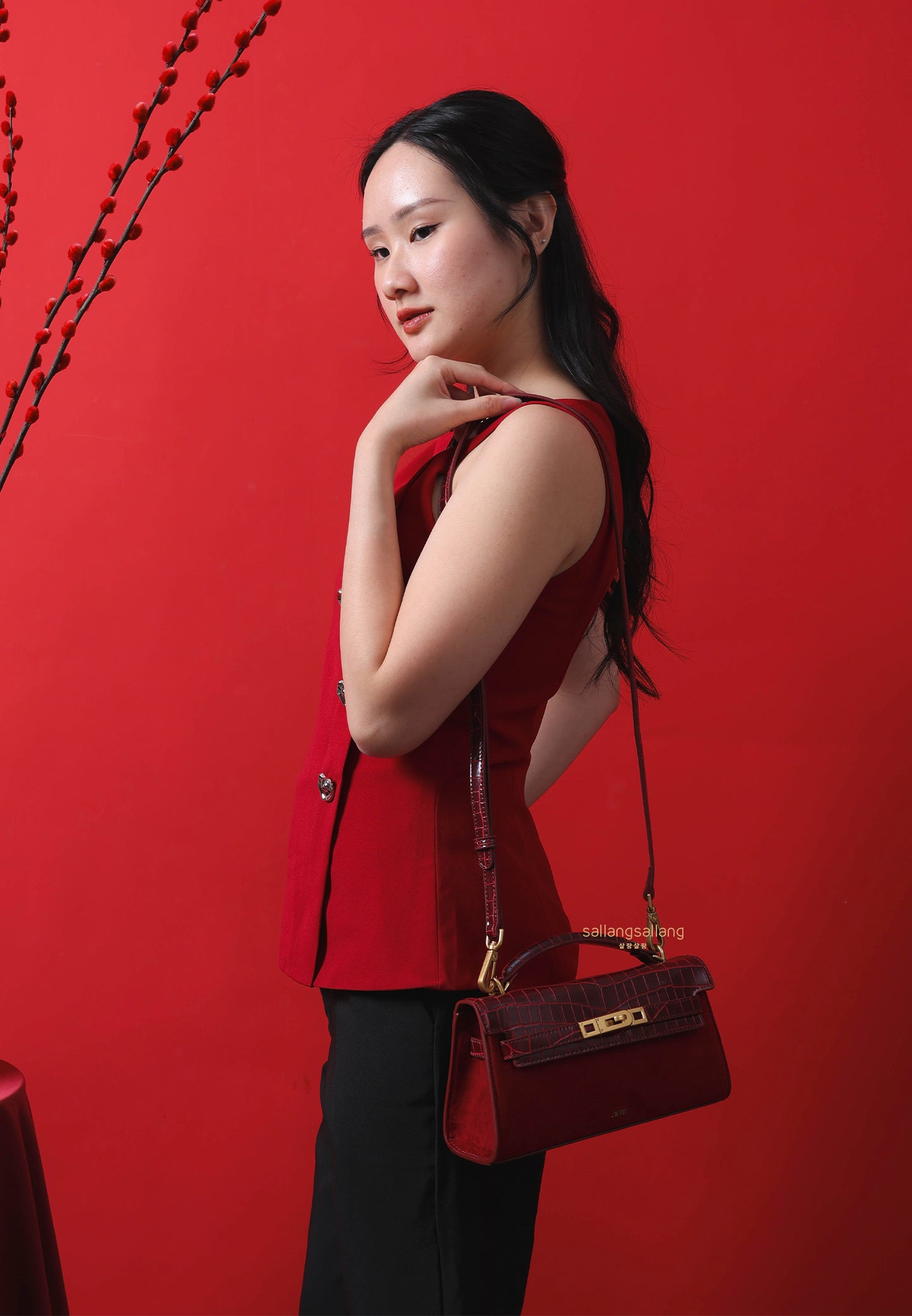 Noor Faux Suede Top Handle Bag - Red