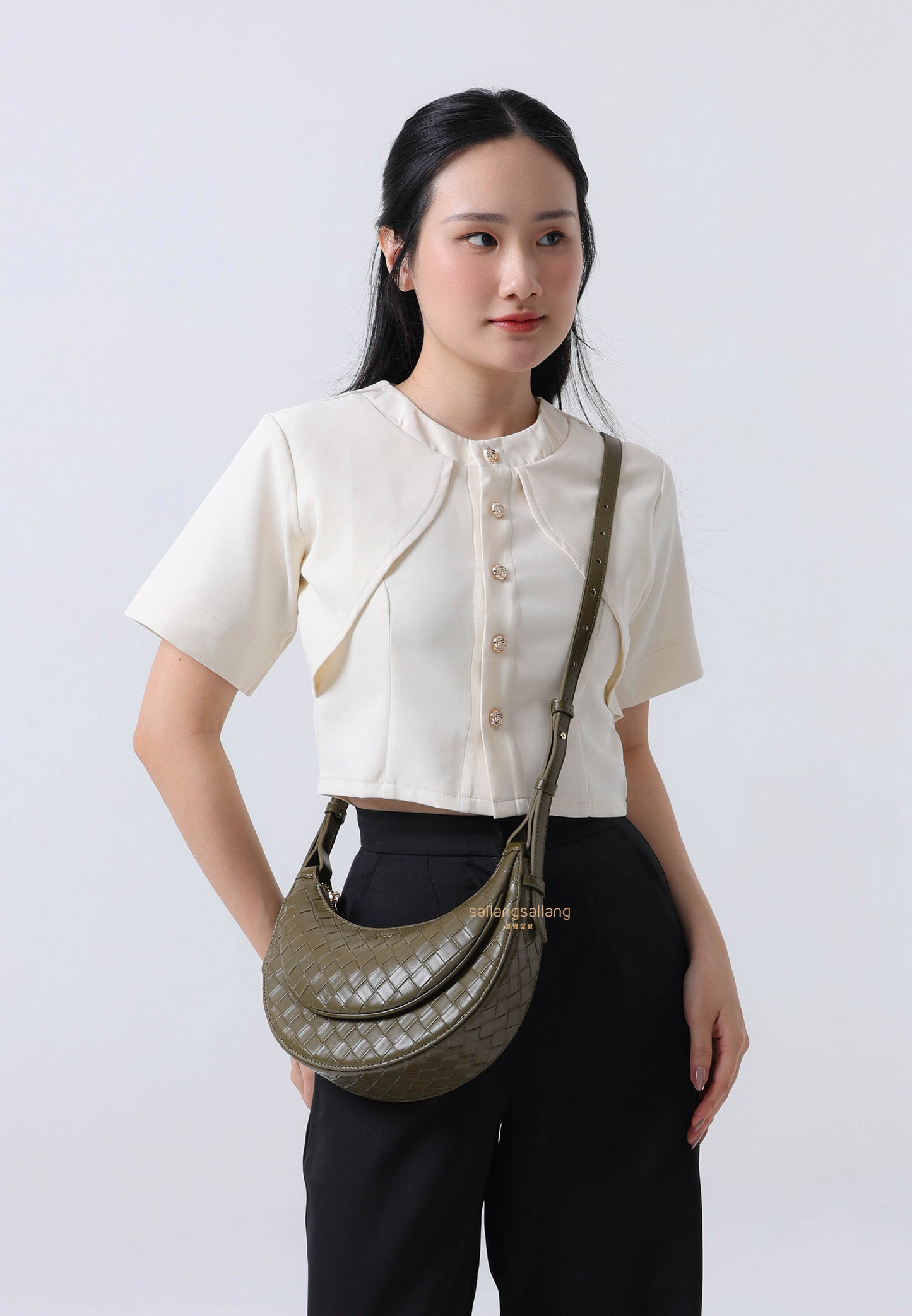 Sharon Woven Texture Crossbody Bag - Olive Green