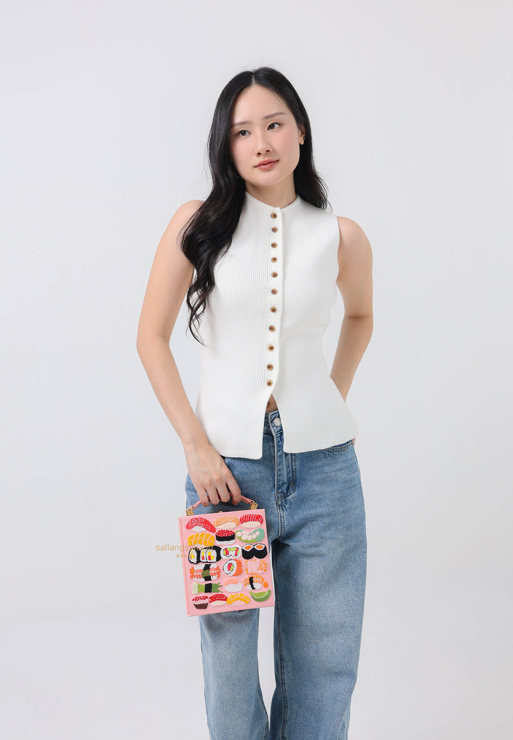 Taya Sushi Pattern Embroidery Book Shape Clutch Bag - Pink