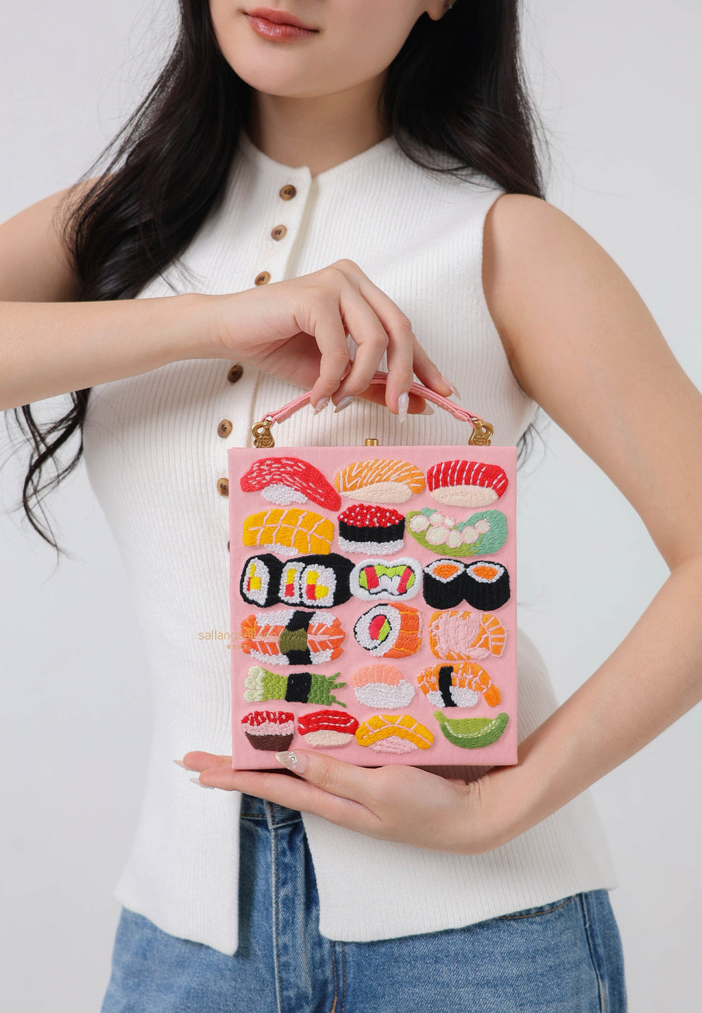 Taya Sushi Pattern Embroidery Book Shape Clutch Bag - Pink
