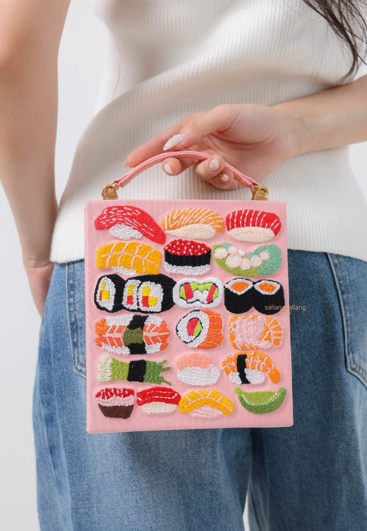 Taya Sushi Pattern Embroidery Book Shape Clutch Bag - Pink