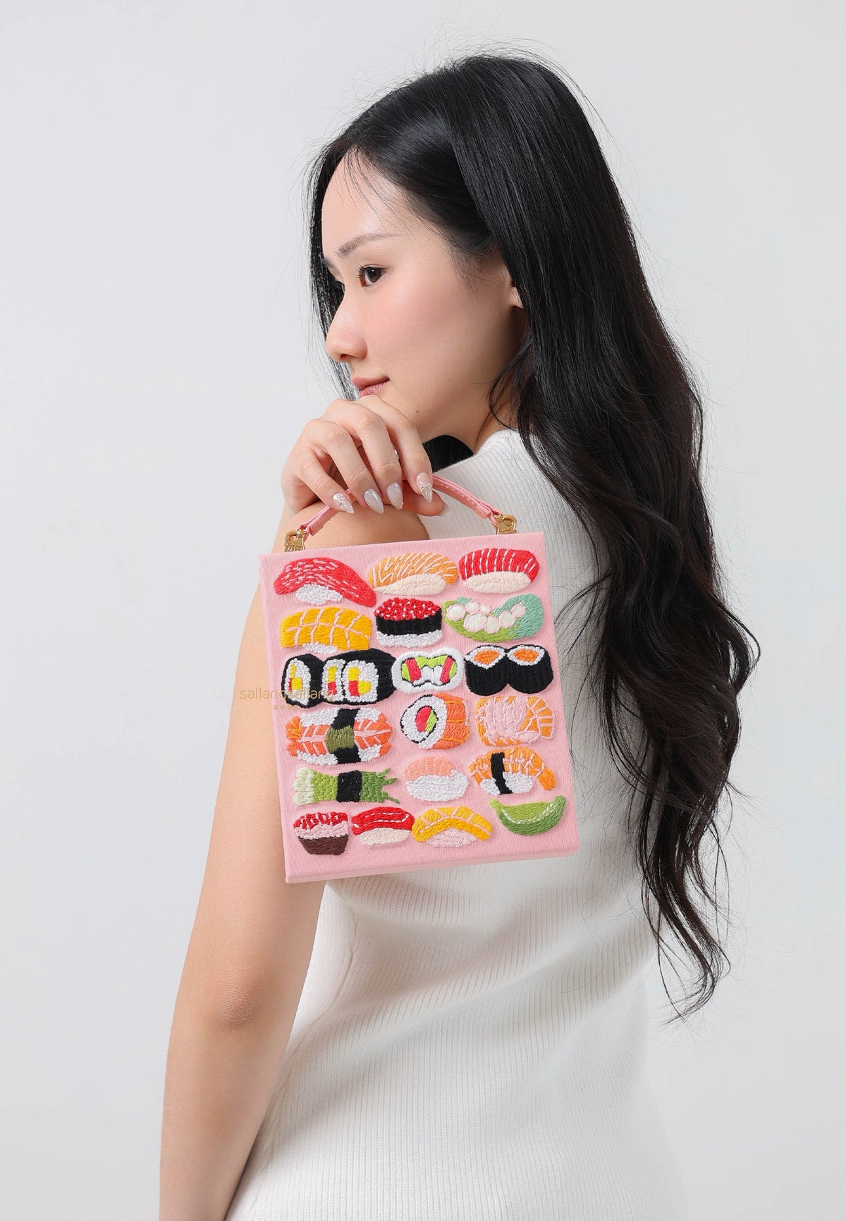Taya Sushi Pattern Embroidery Book Shape Clutch Bag - Pink
