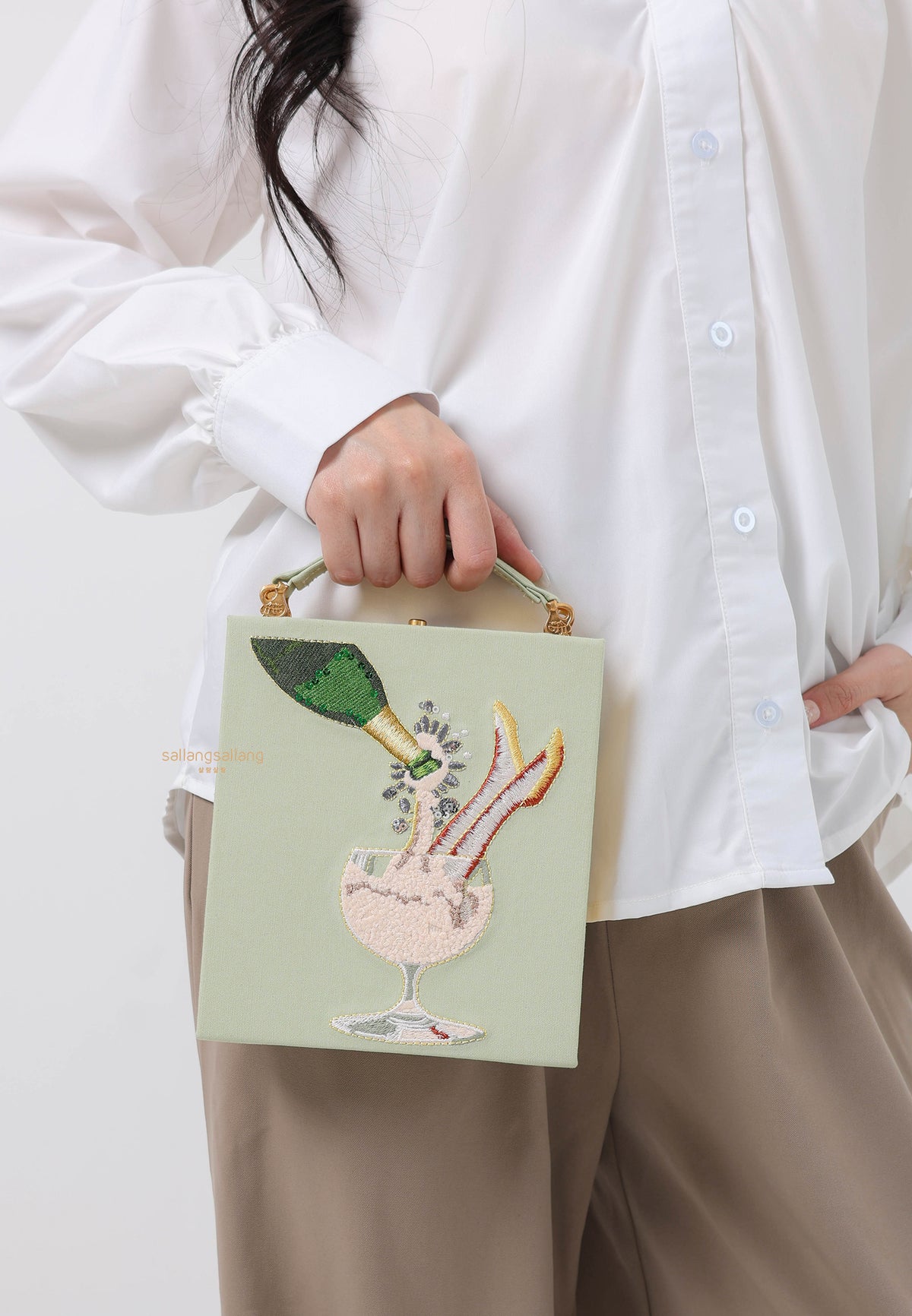 Taya-Wine Glass Pattern Embroidery Book shape clutch bag- light green